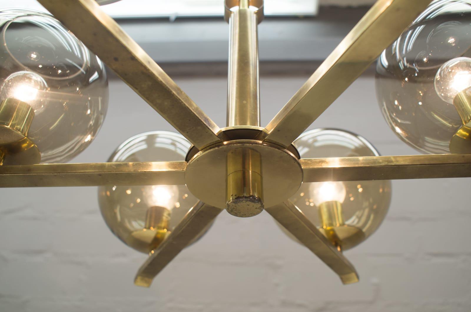 Elegant 1960s Brass Ceiling Lamp with 8 Smoked Glass Globes, Germany For Sale 9