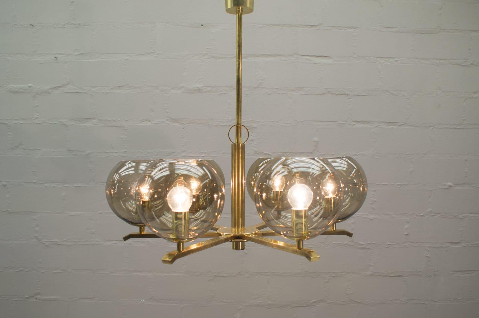 Elegant 1960s Brass Ceiling Lamp with 8 Smoked Glass Globes, Germany For Sale 1