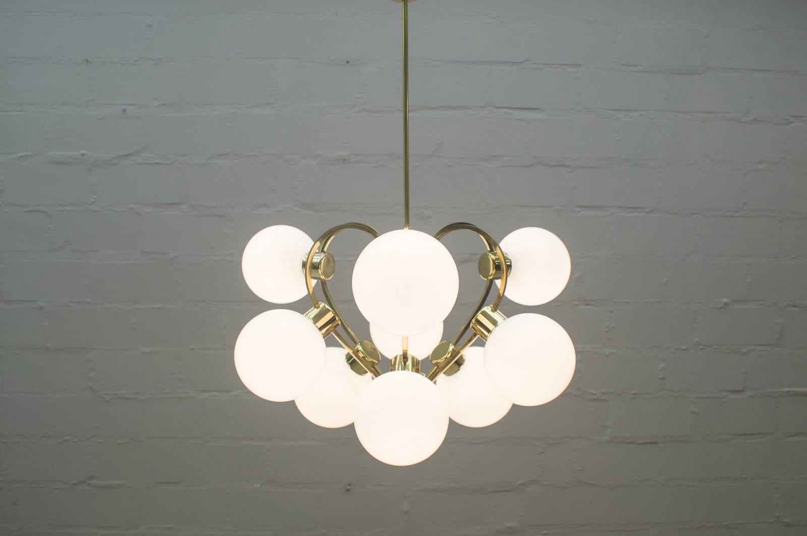 Space Age Elegant 1960s Brass Ceiling Lamp with 9 Opaline Glass Globes For Sale