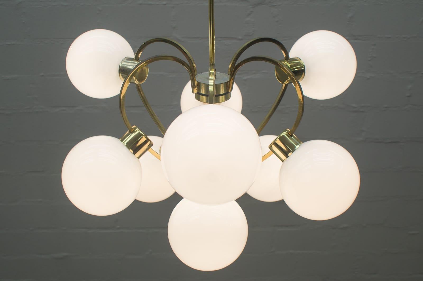 Mid-20th Century Elegant 1960s Brass Ceiling Lamp with 9 Opaline Glass Globes For Sale