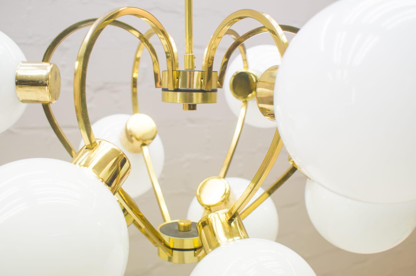 Elegant 1960s Brass Ceiling Lamp with 9 Opaline Glass Globes For Sale 1