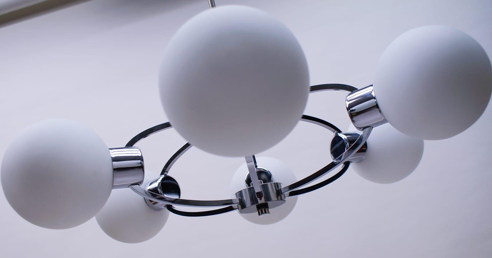 Space Age Elegant 1960s Chrome Ceiling Lamp with 6 Opaline Glass Globes For Sale