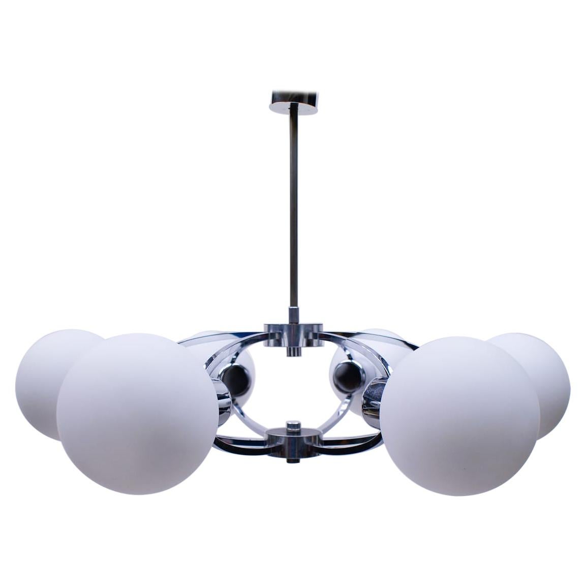 Elegant 1960s Chrome Ceiling Lamp with 6 Opaline Glass Globes For Sale