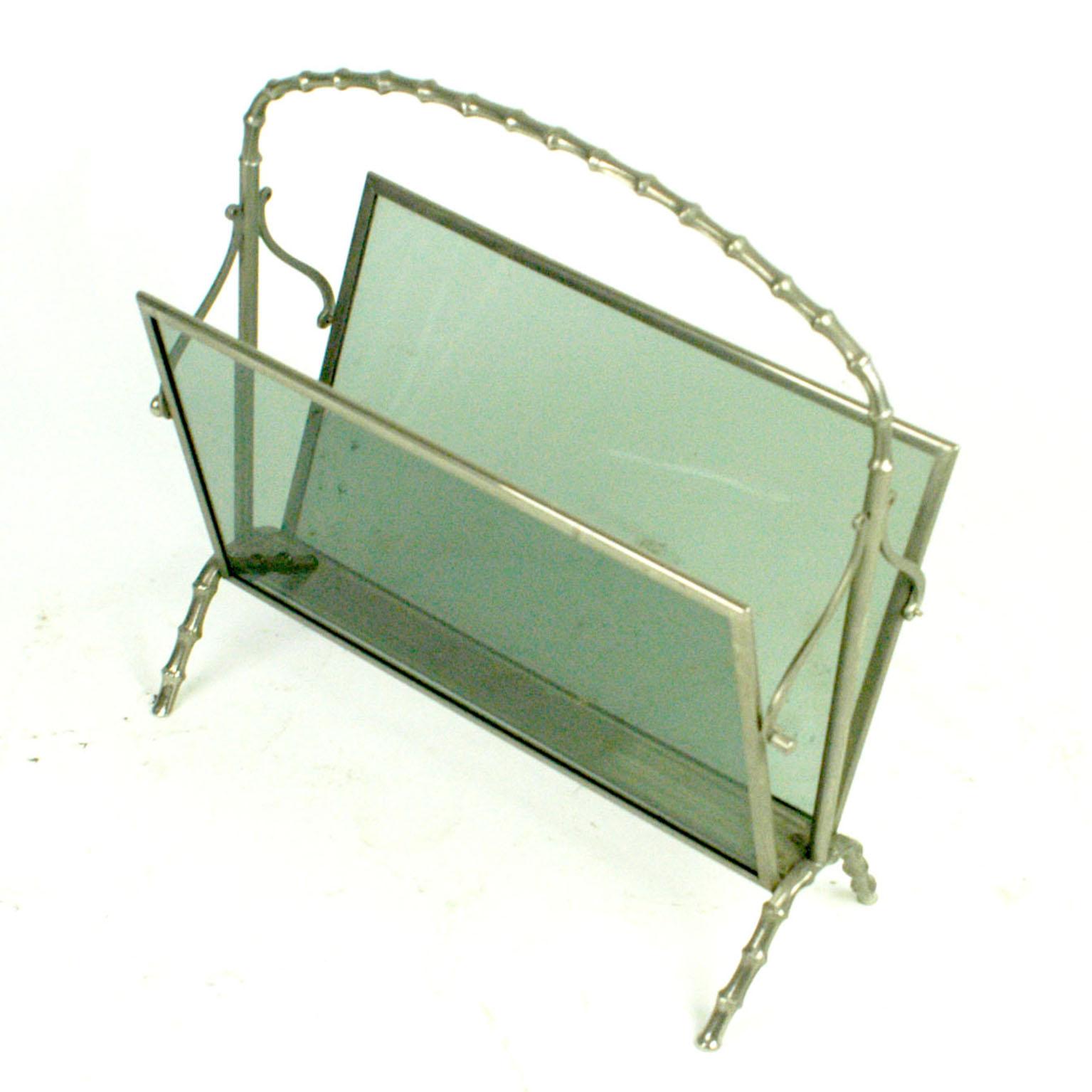 French 1960s Faux Bamboo Silvered Brass Magazine Rack by Maison Baguès France For Sale