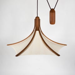 Elegant 1960s Mid-Century Domus Teak & Linen Counterweight Pendant Lamp