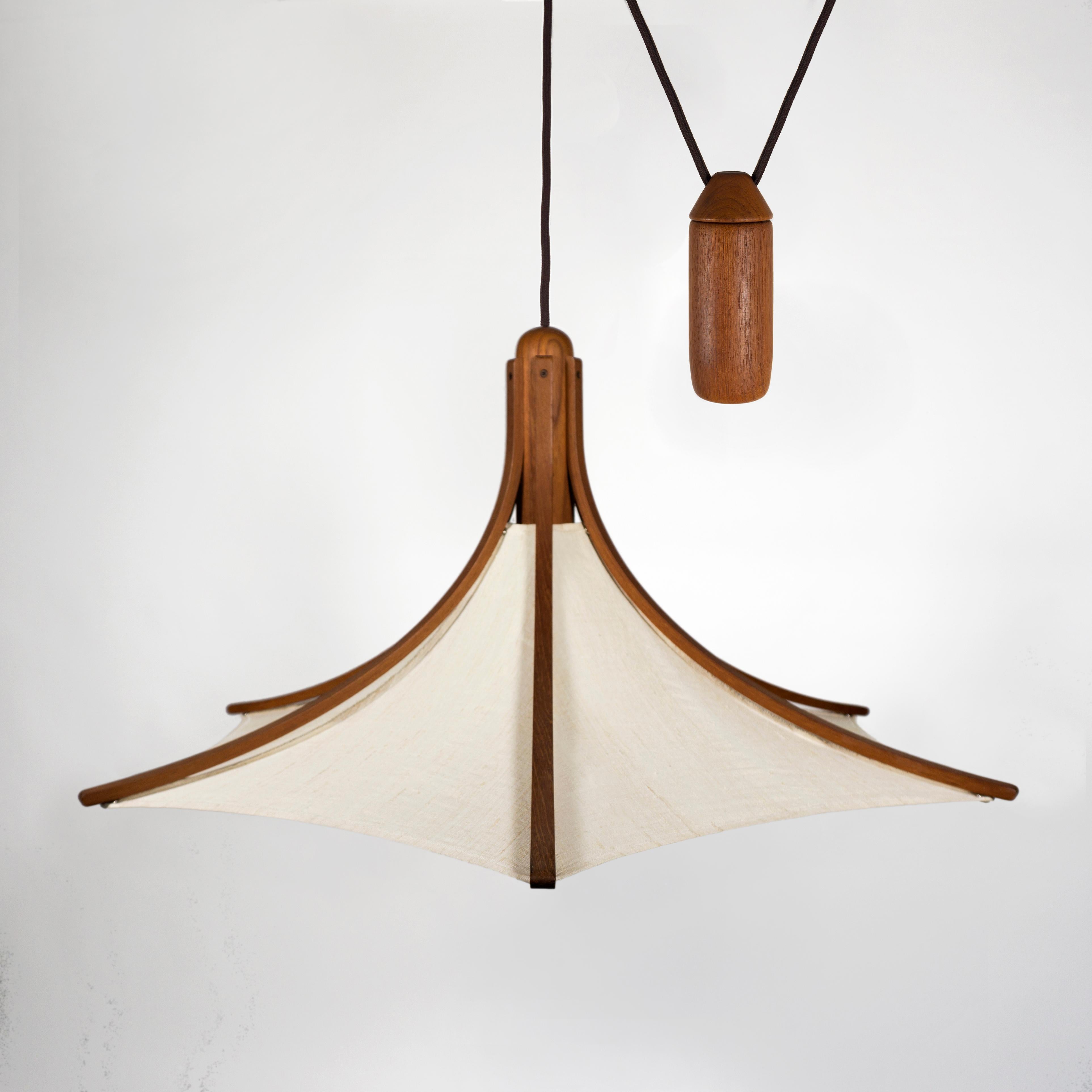 Mid-Century Modern Elegant 1960s Mid-Century Domus Teak & Linen Counterweight Pendant Lamp