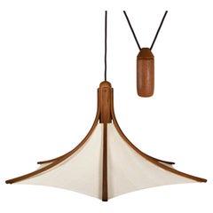 Elegant 1960s Mid-Century Domus Teak & Linen Counterweight Pendant Lamp