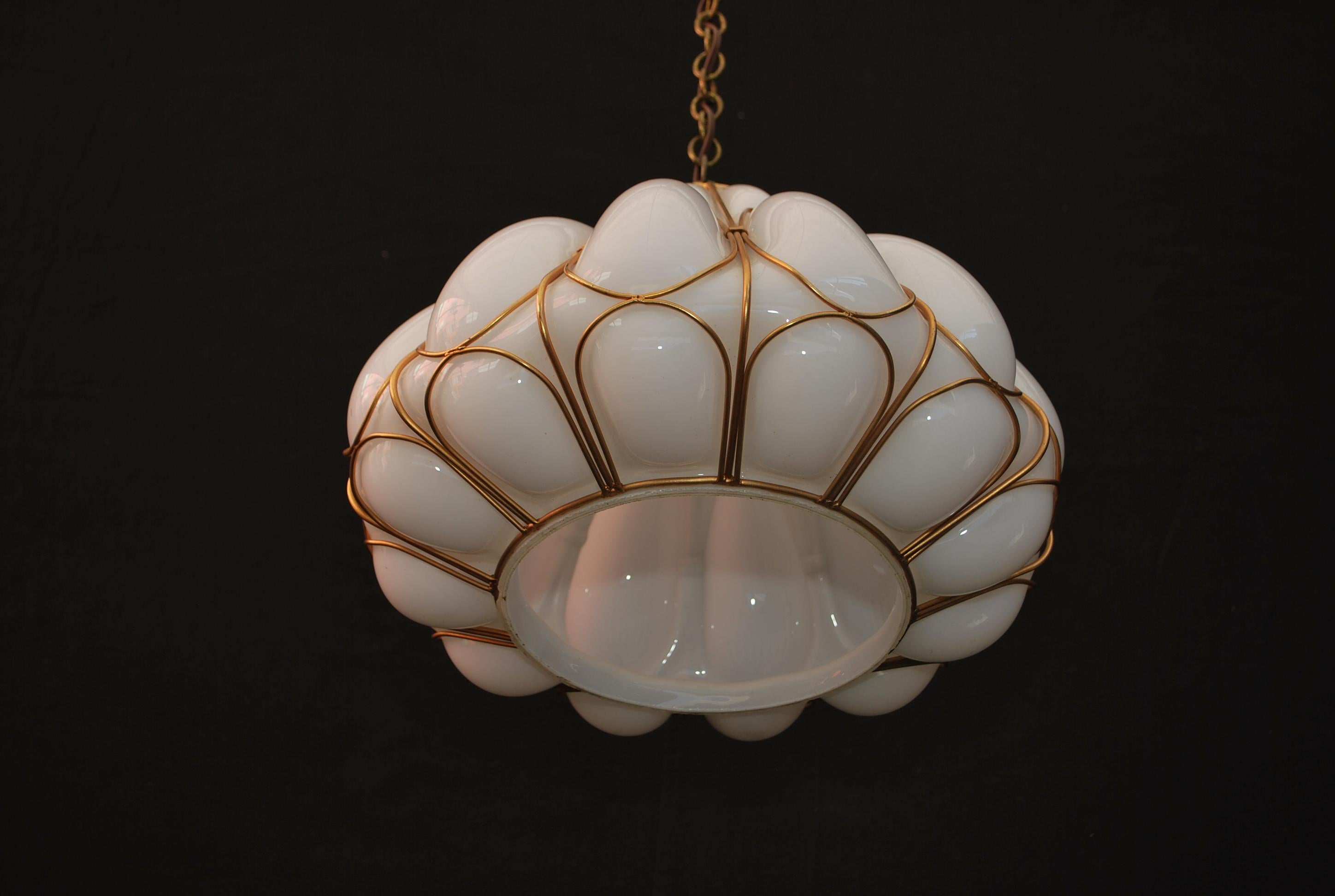 Hand-Crafted Elegant 1970's Murano glass blown into the iron frame light For Sale