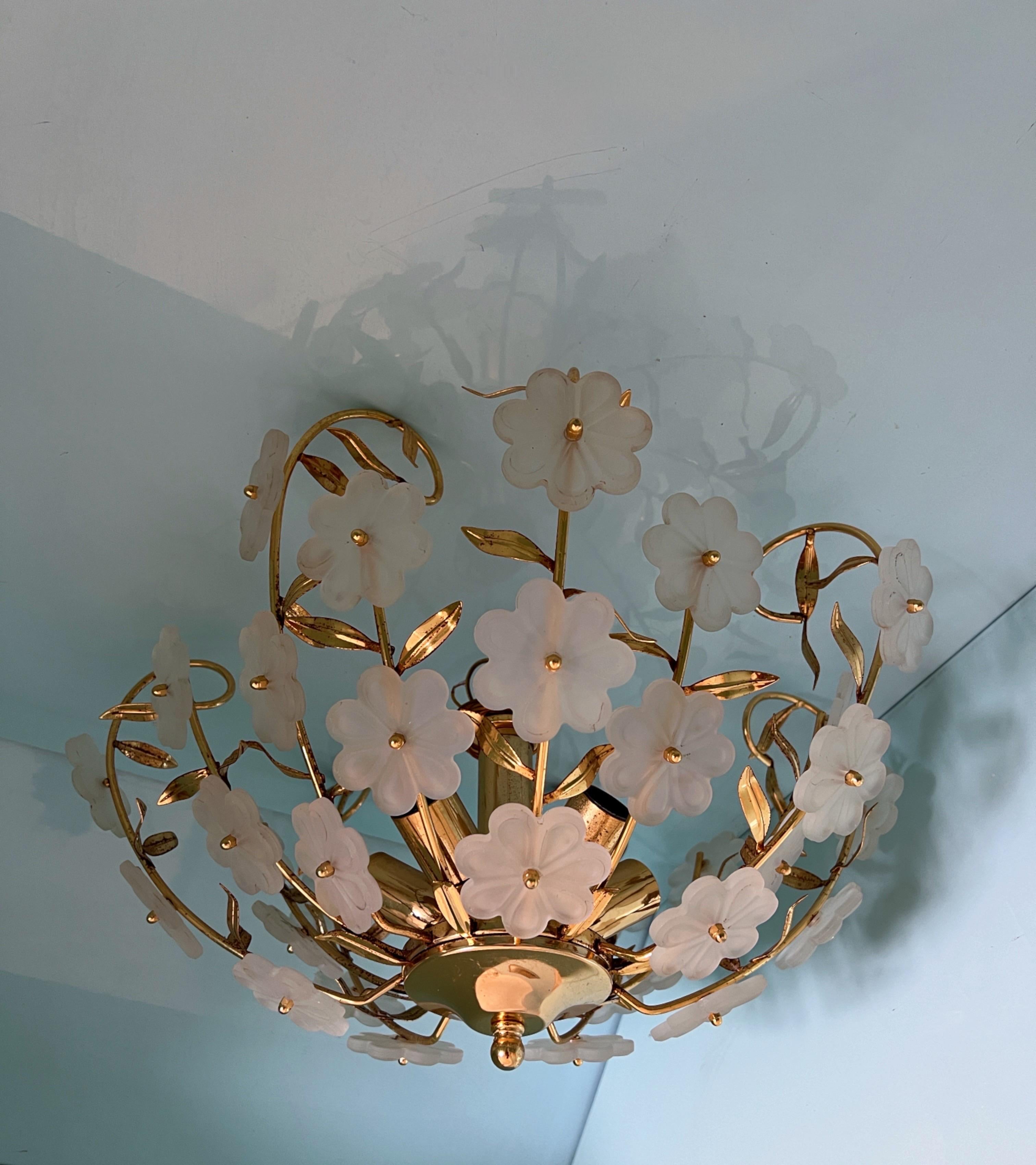 Elegant 1970s Murano Glass Flush Mount with Gold-Coated Floral Design 4
