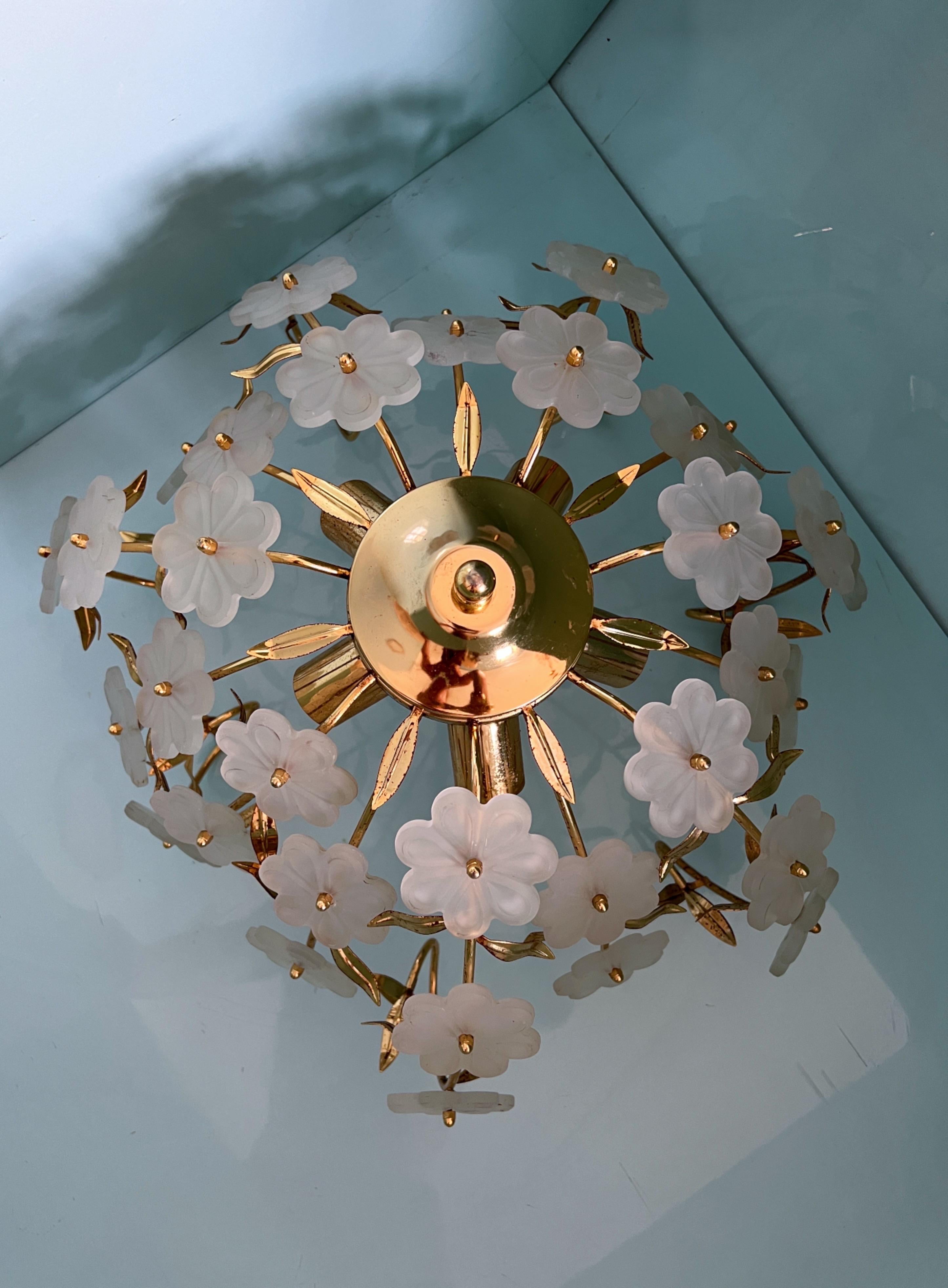 Mid-Century Modern Elegant 1970s Murano Glass Flush Mount with Gold-Coated Floral Design