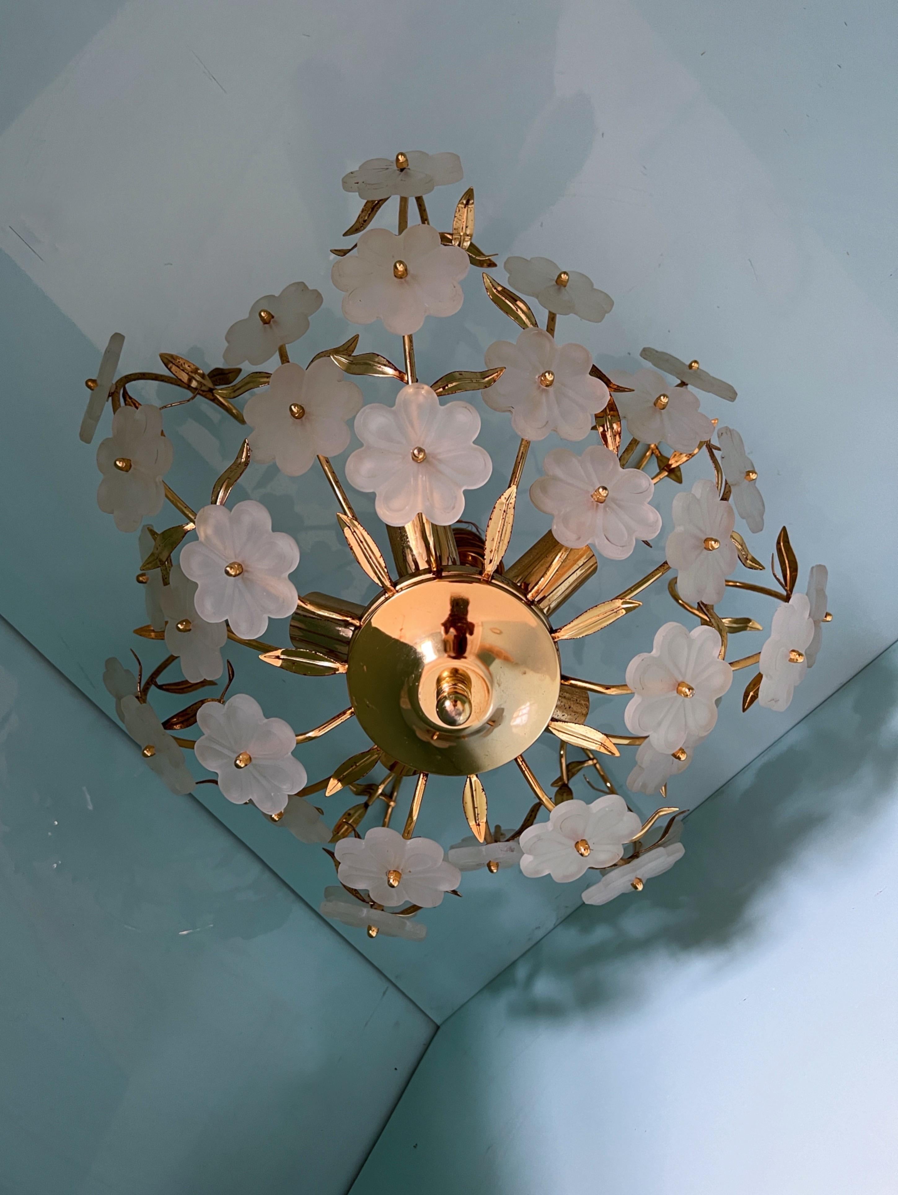 Italian Elegant 1970s Murano Glass Flush Mount with Gold-Coated Floral Design
