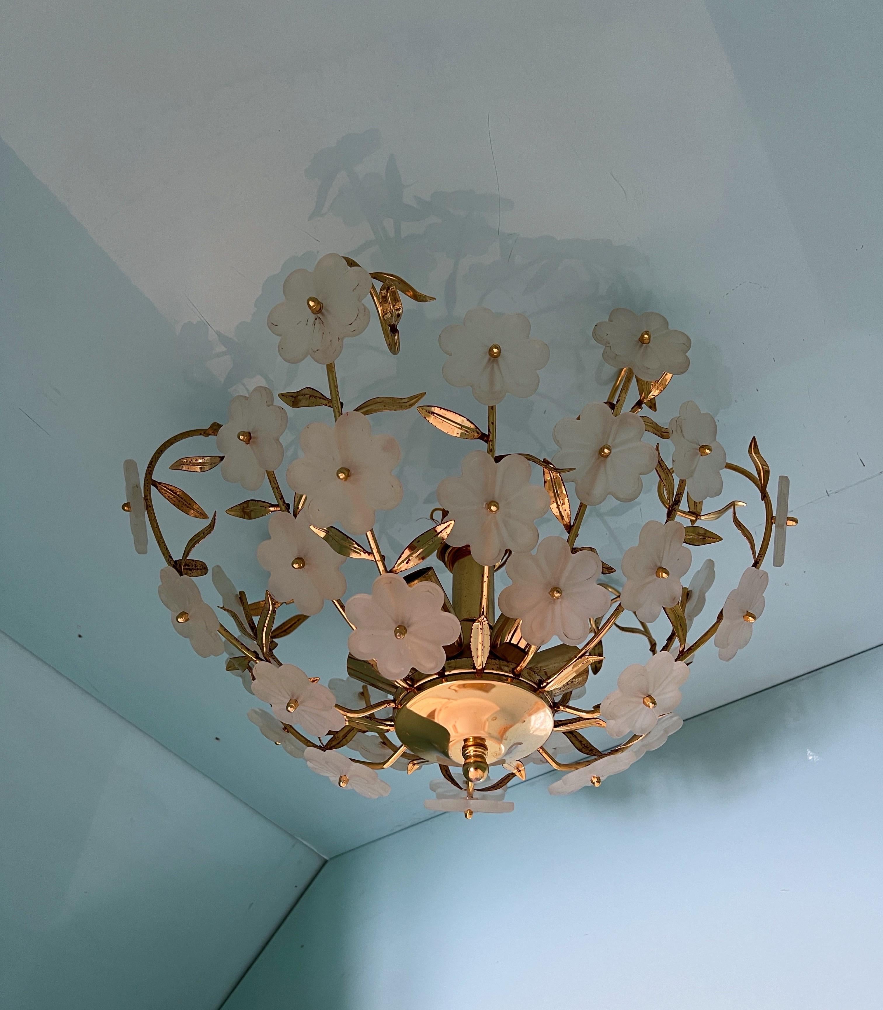 Elegant 1970s Murano Glass Flush Mount with Gold-Coated Floral Design In Good Condition In Palermo, PA