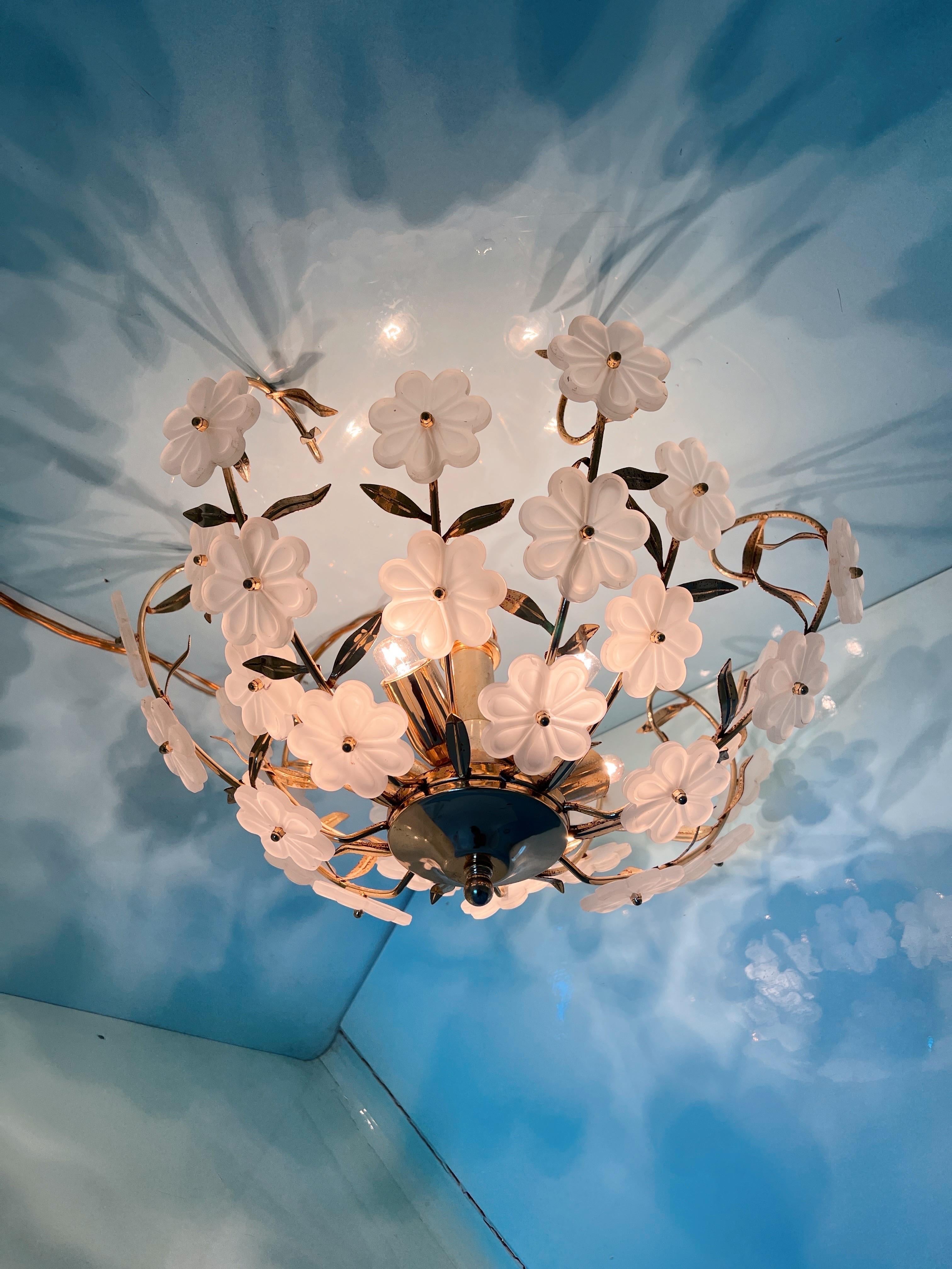20th Century Elegant 1970s Murano Glass Flush Mount with Gold-Coated Floral Design