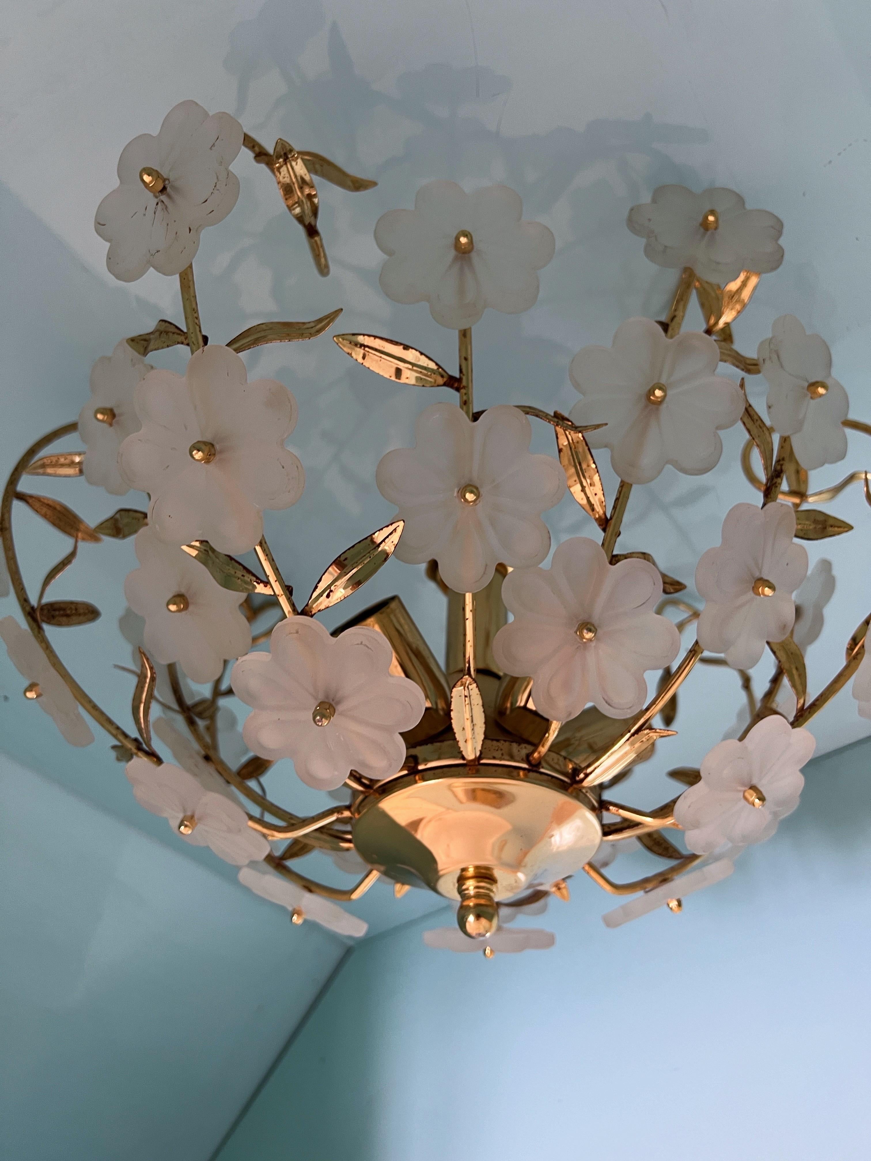Metal Elegant 1970s Murano Glass Flush Mount with Gold-Coated Floral Design