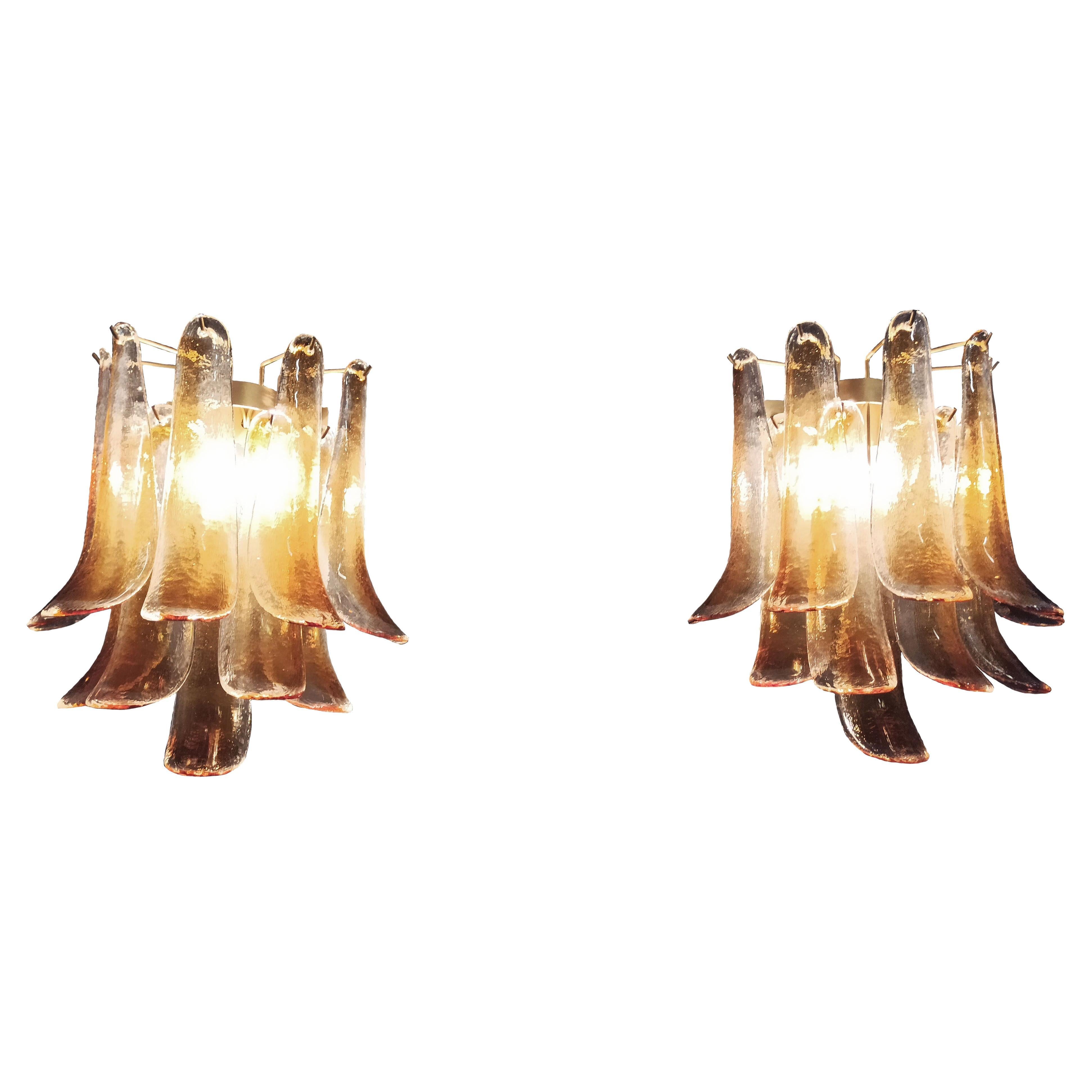 Elegant 1970’s Pair of Vintage Italian Murano wall lights – amber glass petals For Sale