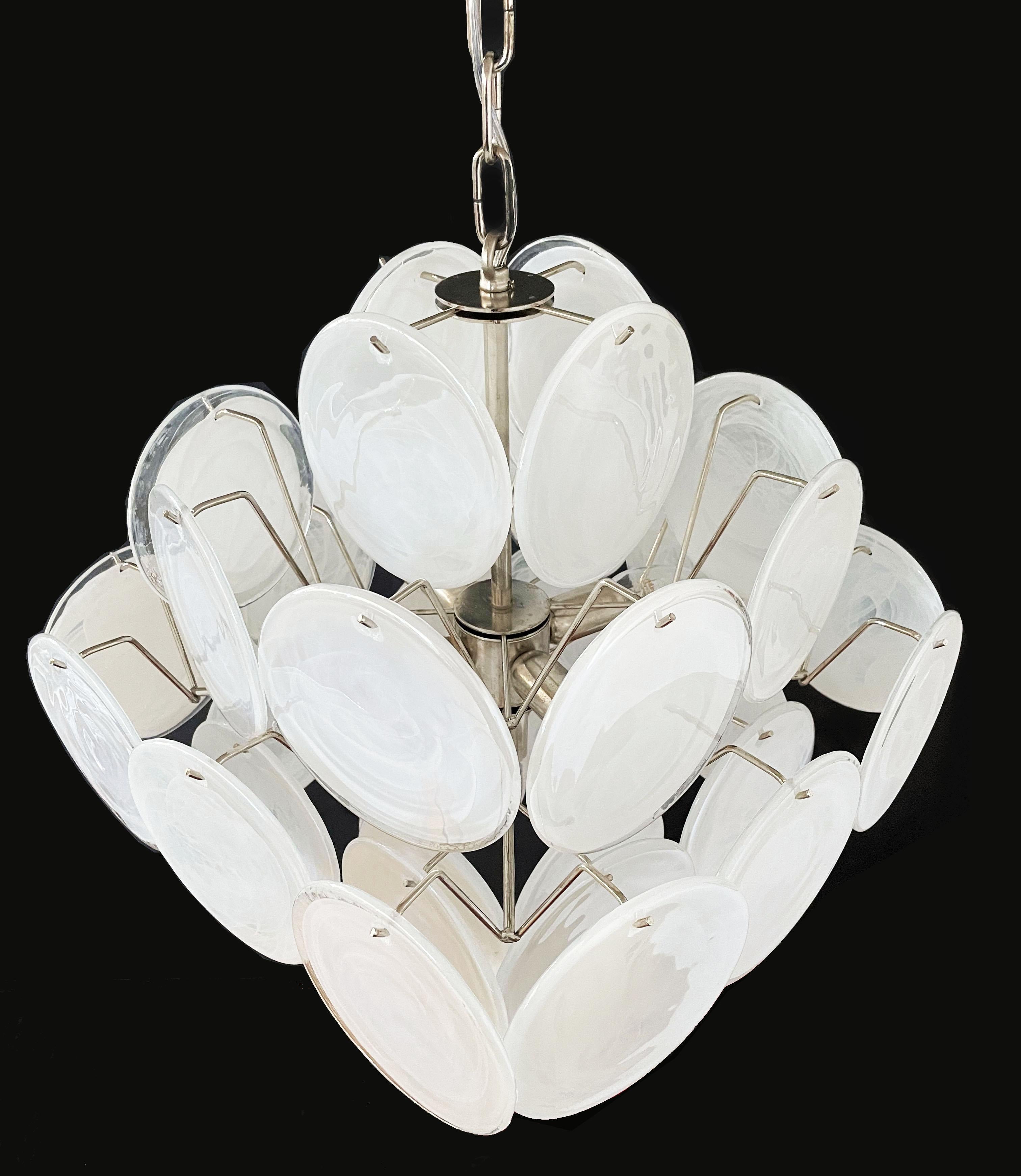 Elegant 1970s Vintage Italian Murano Chandeliers, 36 White Disks In Good Condition For Sale In Budapest, HU