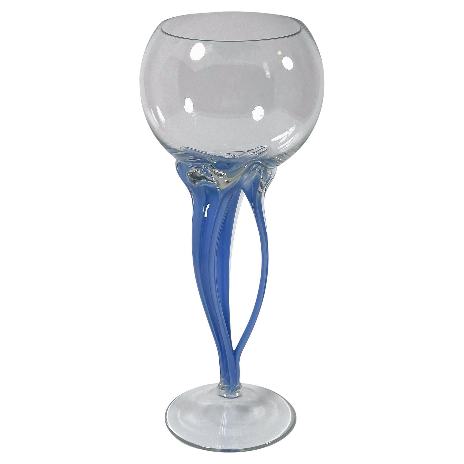 Elegante pecera de cristal azul de los años 80 - Diseño bohemio soplado a mano