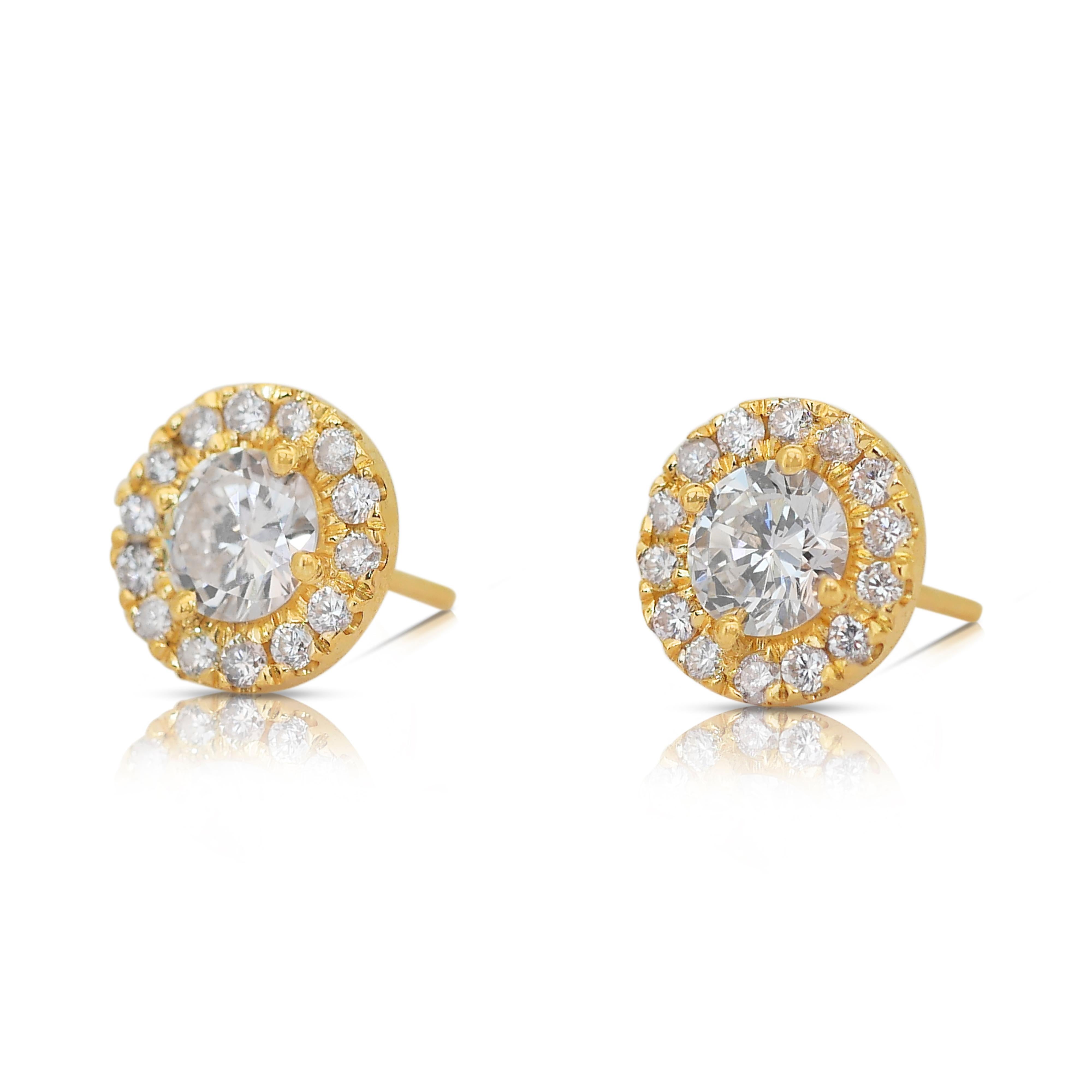 Round Cut Elegant 1.98ct Diamonds Halo Stud Earrings in 18k Yellow Gold - IGI Certified