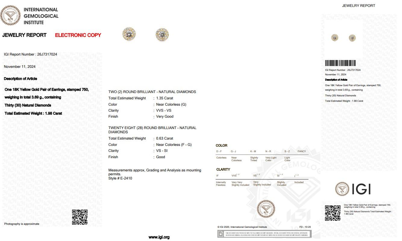 Elegant 1.98ct Diamonds Halo Stud Earrings in 18k Yellow Gold - IGI Certified In New Condition In רמת גן, IL