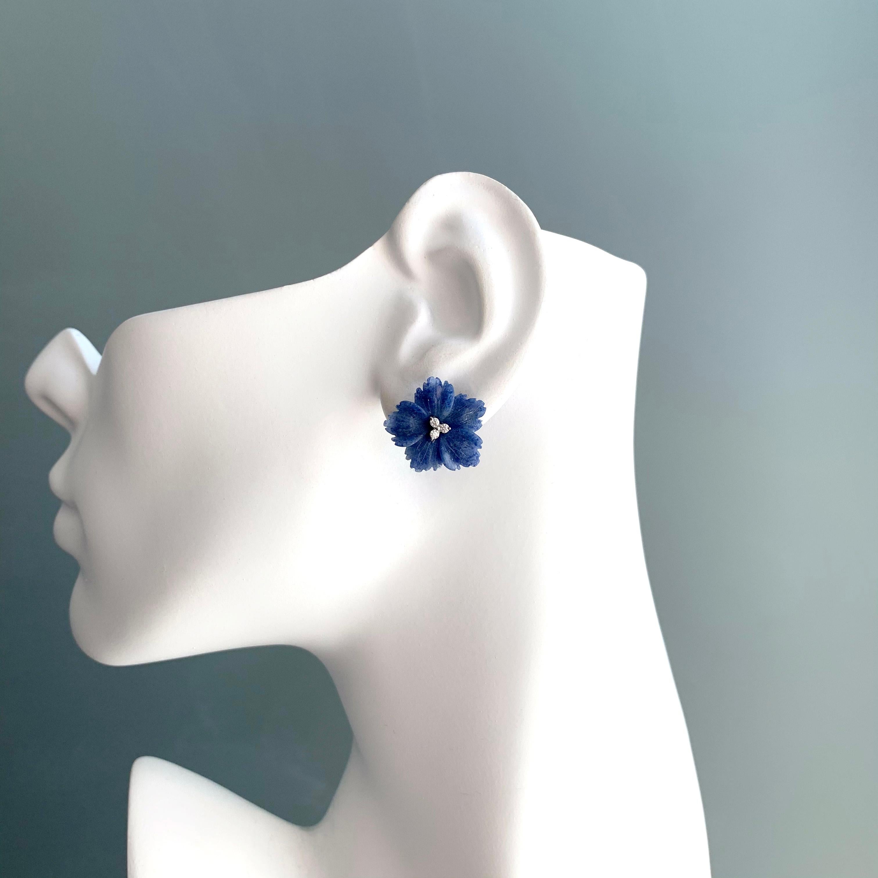 Artisan Elegant 18mm Carved Dumortierite Flower Button Earrings For Sale
