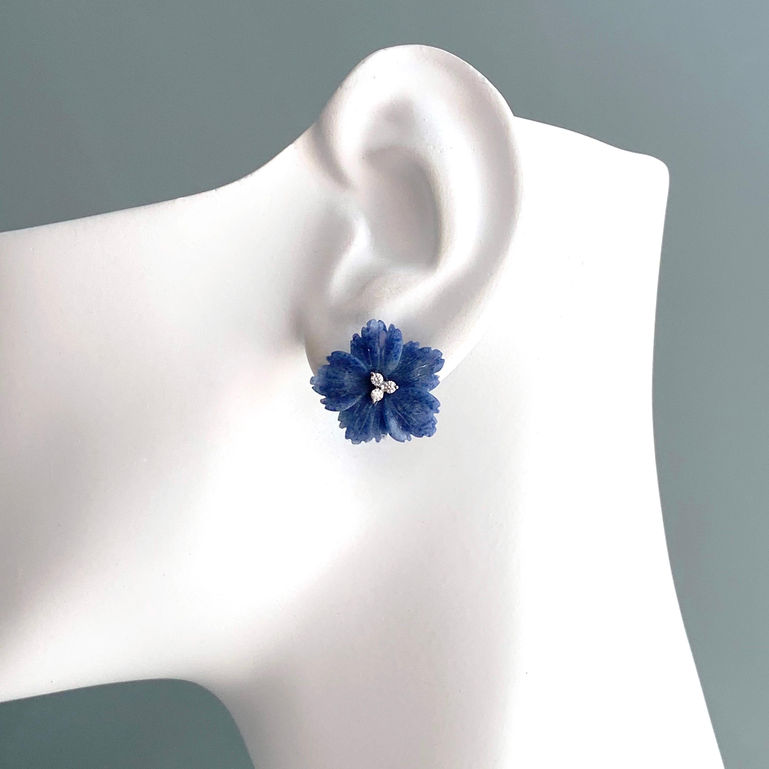 Mixed Cut Elegant 18mm Carved Dumortierite Flower Button Earrings For Sale