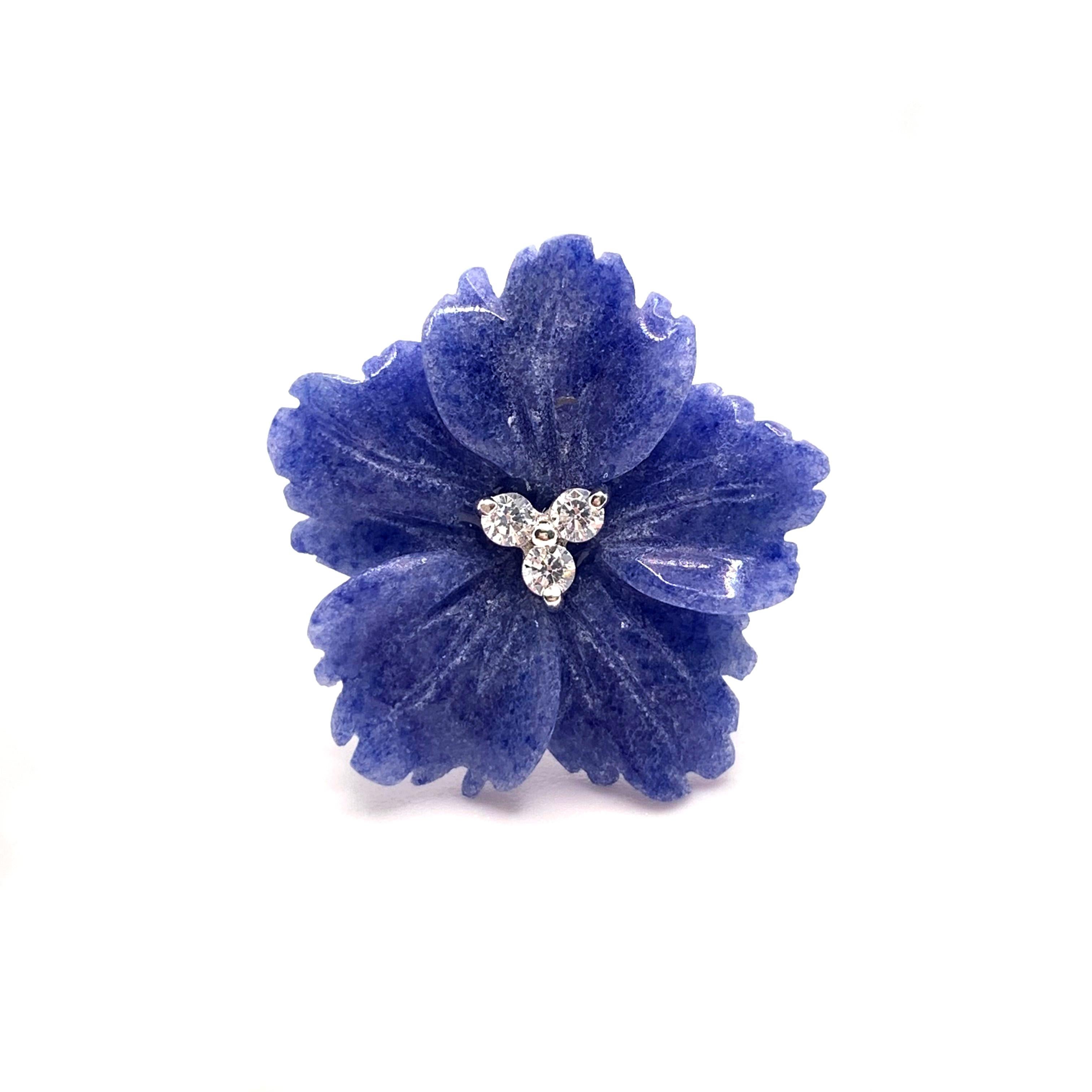 Elegant 18mm Carved Dumortierite Flower Button Earrings In New Condition For Sale In Los Angeles, CA