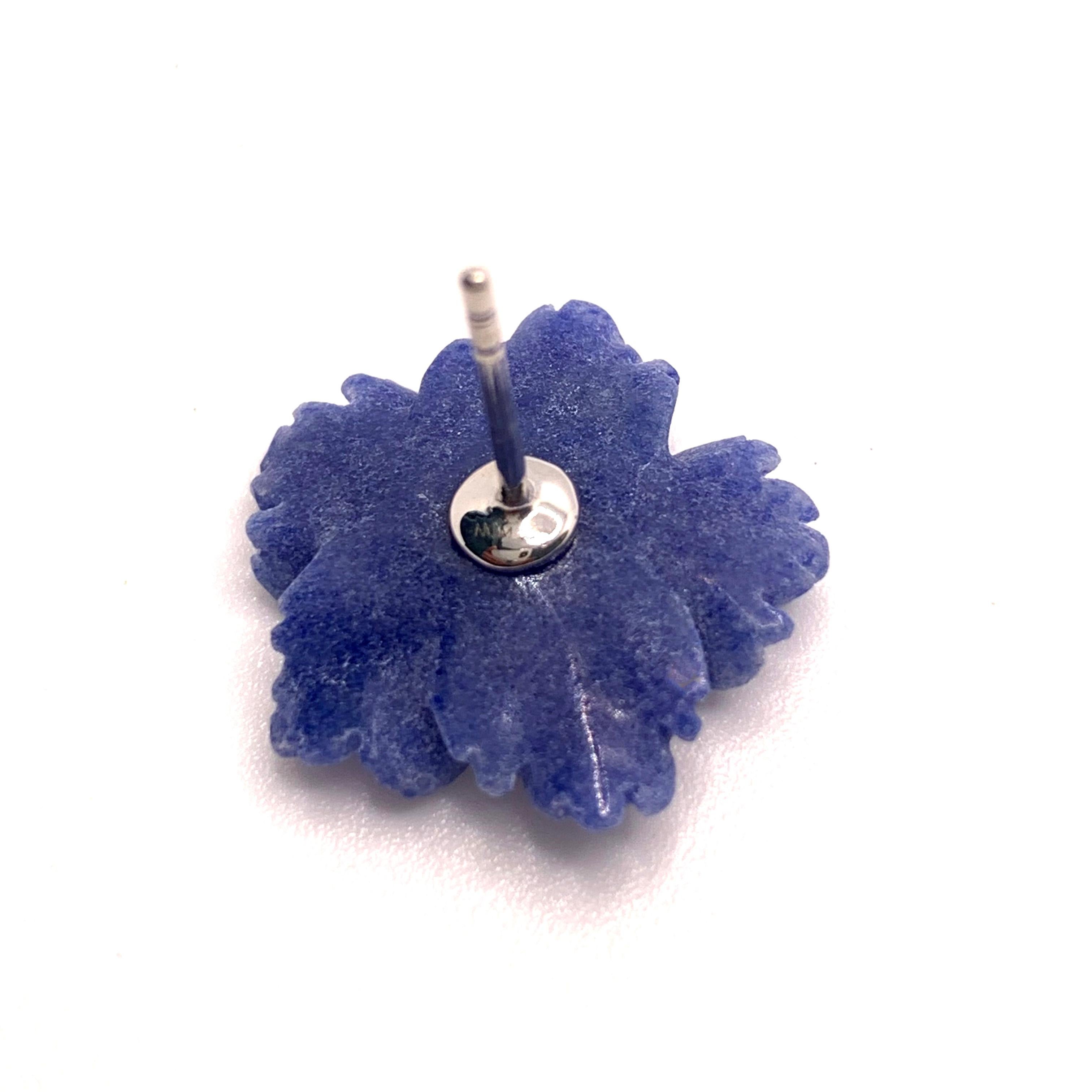 Elegant 18mm Carved Dumortierite Flower Button Earrings For Sale 1