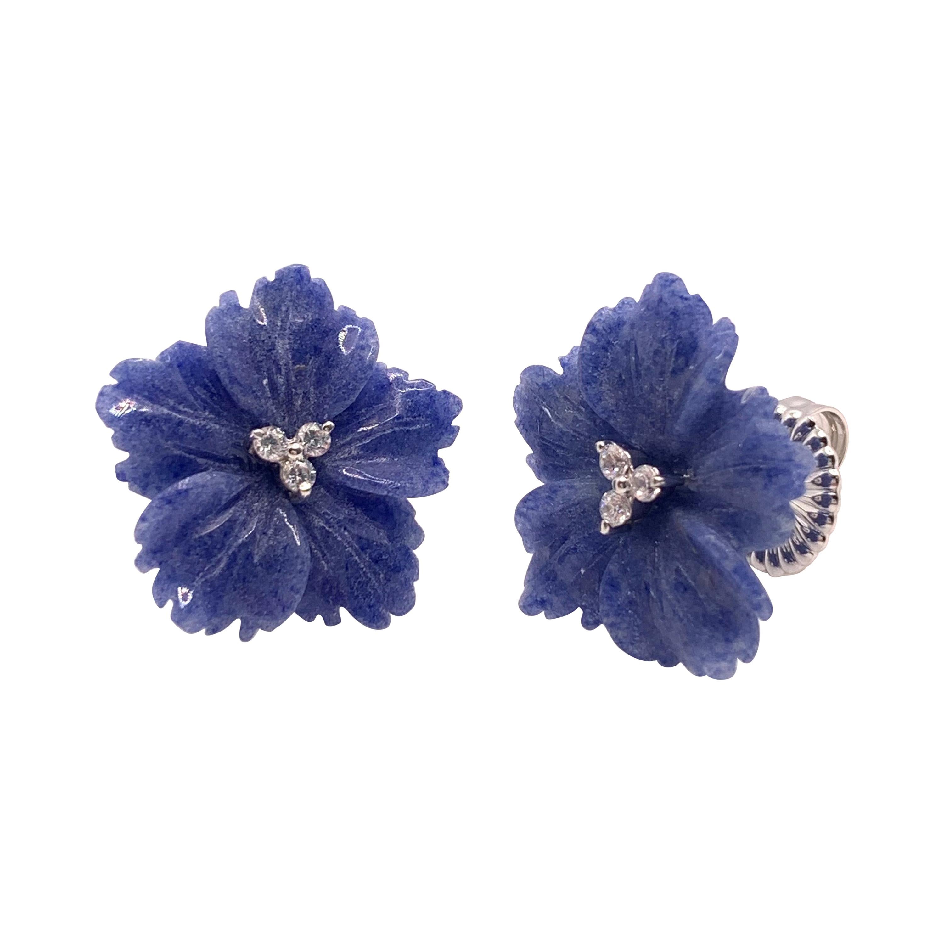 Elegant 18mm Carved Dumortierite Flower Button Earrings For Sale