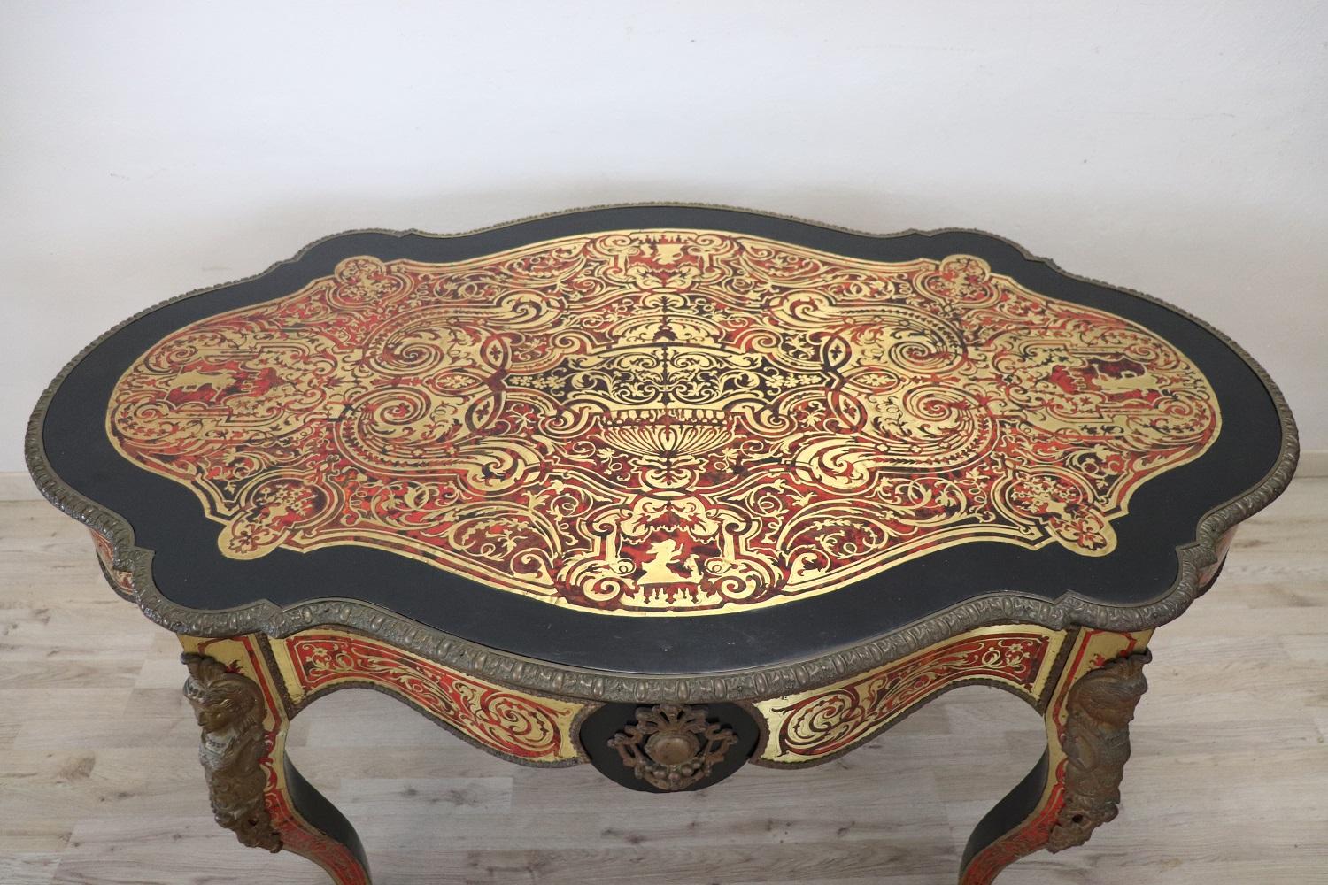 Elegant 19th Century Boulle French Antique Centre Table or Writing Desk For Sale 1