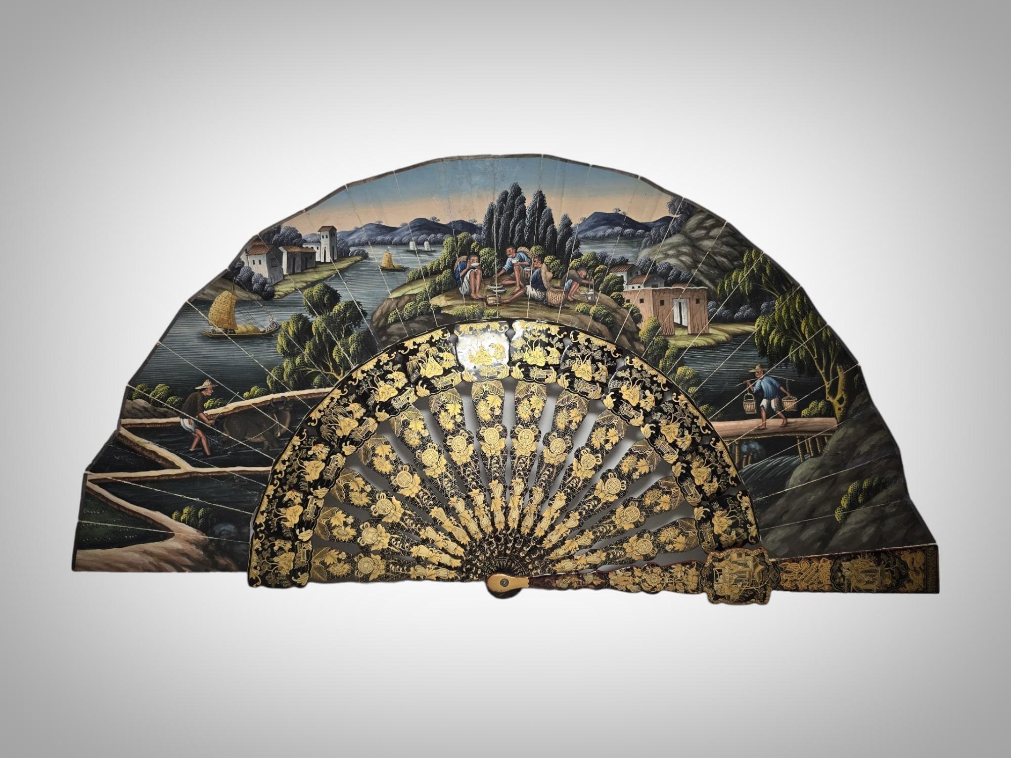  Elegant 19th Century Filipino Hand-Painted Fan For Sale 11