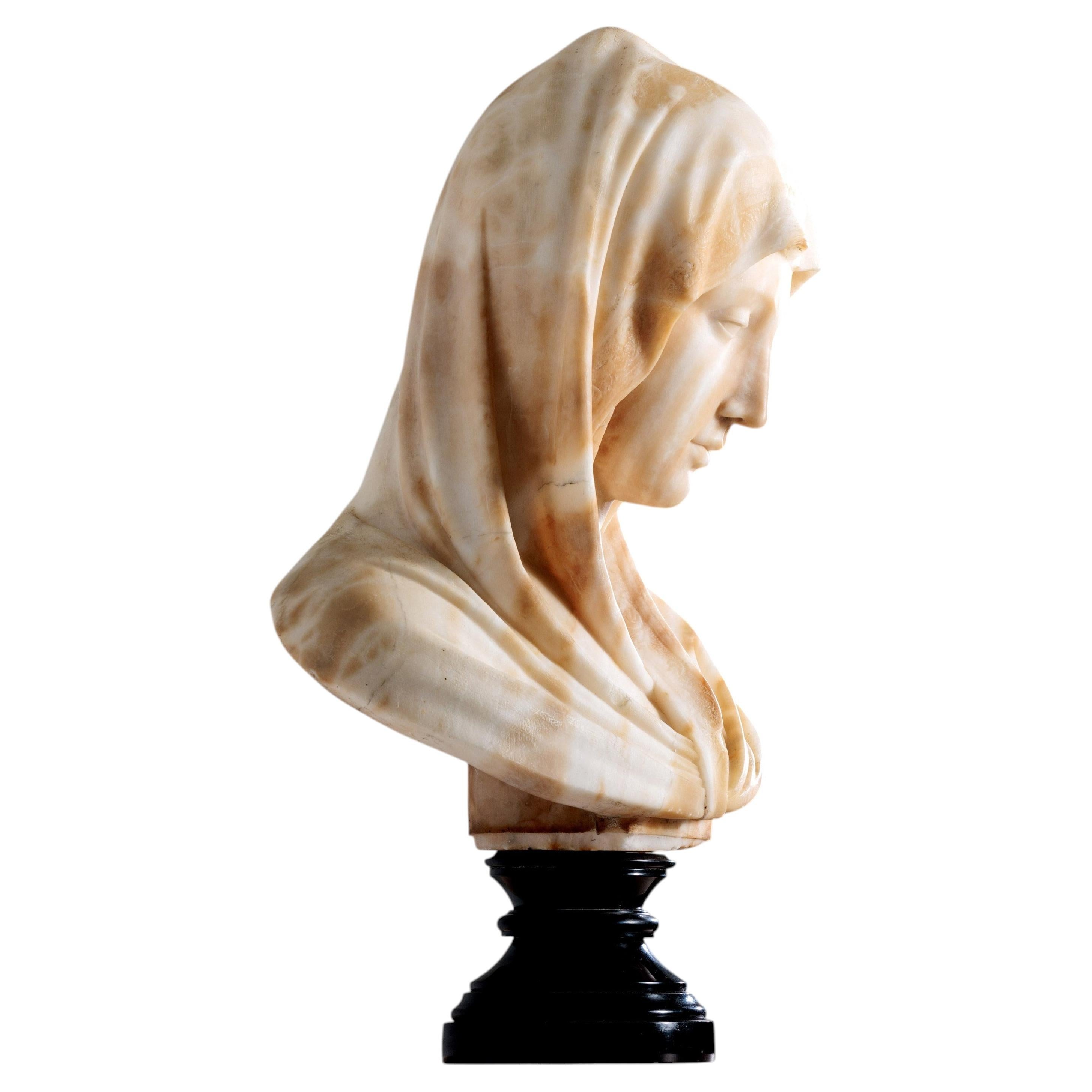 Elegant 19th Century Italian Alabaster Bust Vestal Virgin For Sale