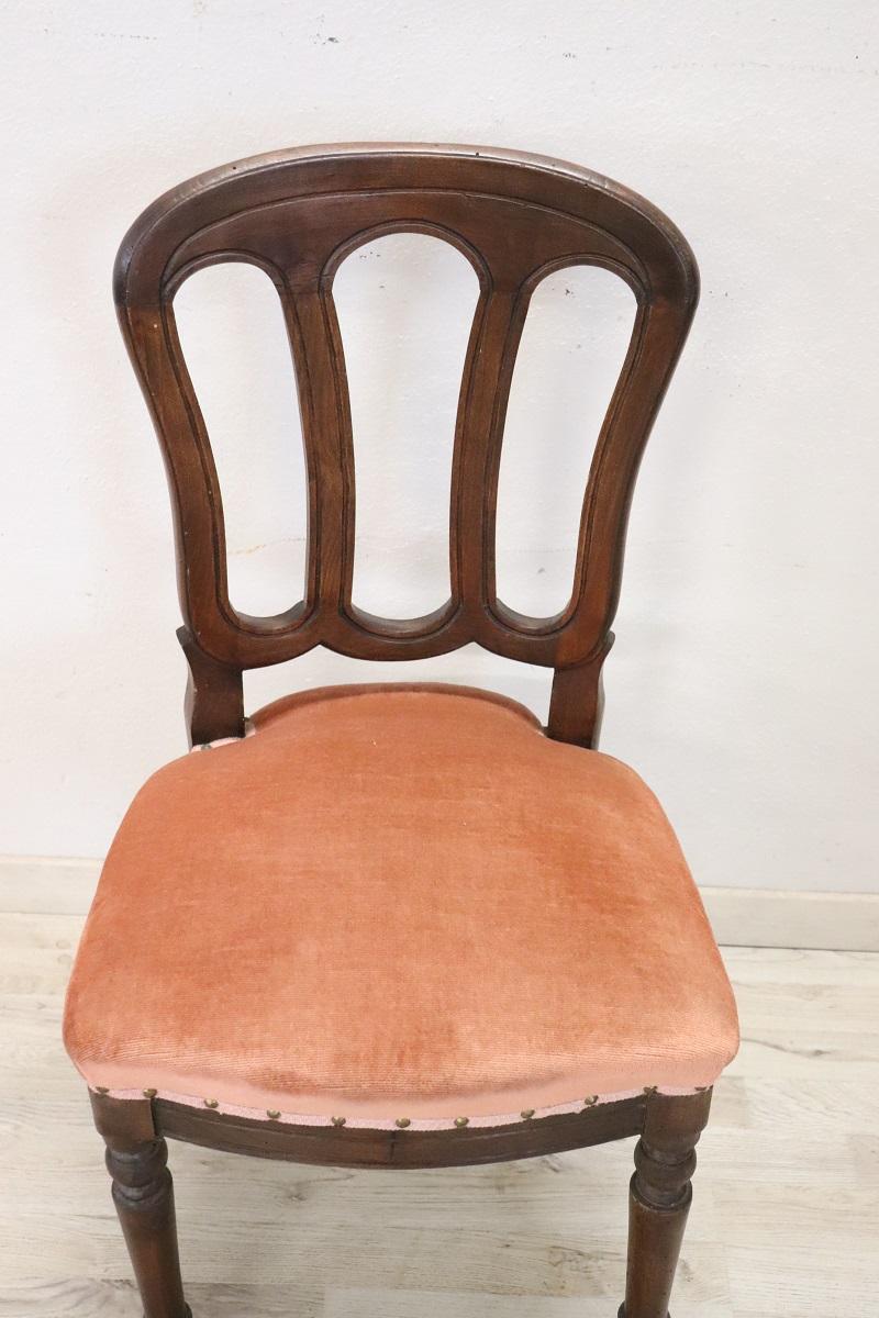 Refined italian of the period Louis Philippe chair. The chair made in solid beech wood featuring an arched back and beautiful turned front legs. The seat is covered with refined velvet. Perfect condition of the wood, padding and fabric. A single