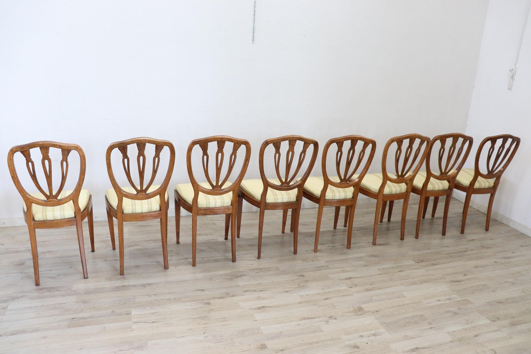Elegant 19th Century Italian Walnut Antique Dining Room Chairs, Set of Eight 9