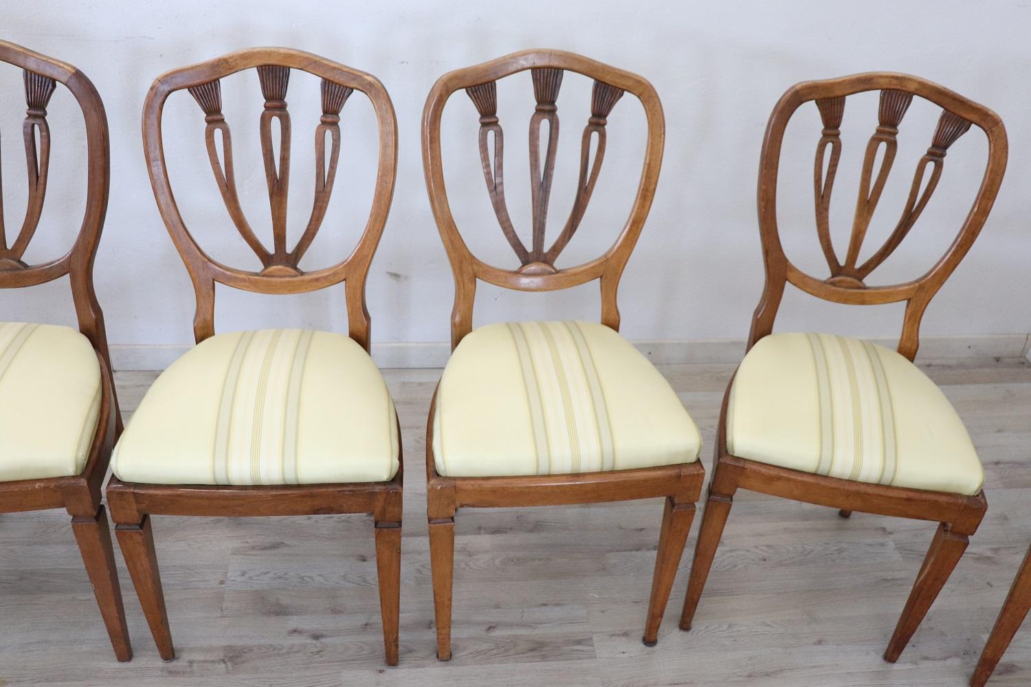 Carved Elegant 19th Century Italian Walnut Antique Dining Room Chairs, Set of Eight