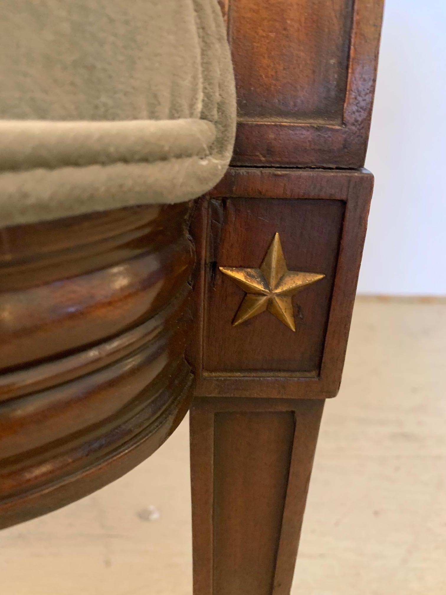 Velvet Elegant 19th Century Mahogany Neoclassical Regency Style Arm Chair with Stars For Sale