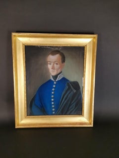 Elegant 19th Century Pastel Portrait of French Officer with Gold Wooden