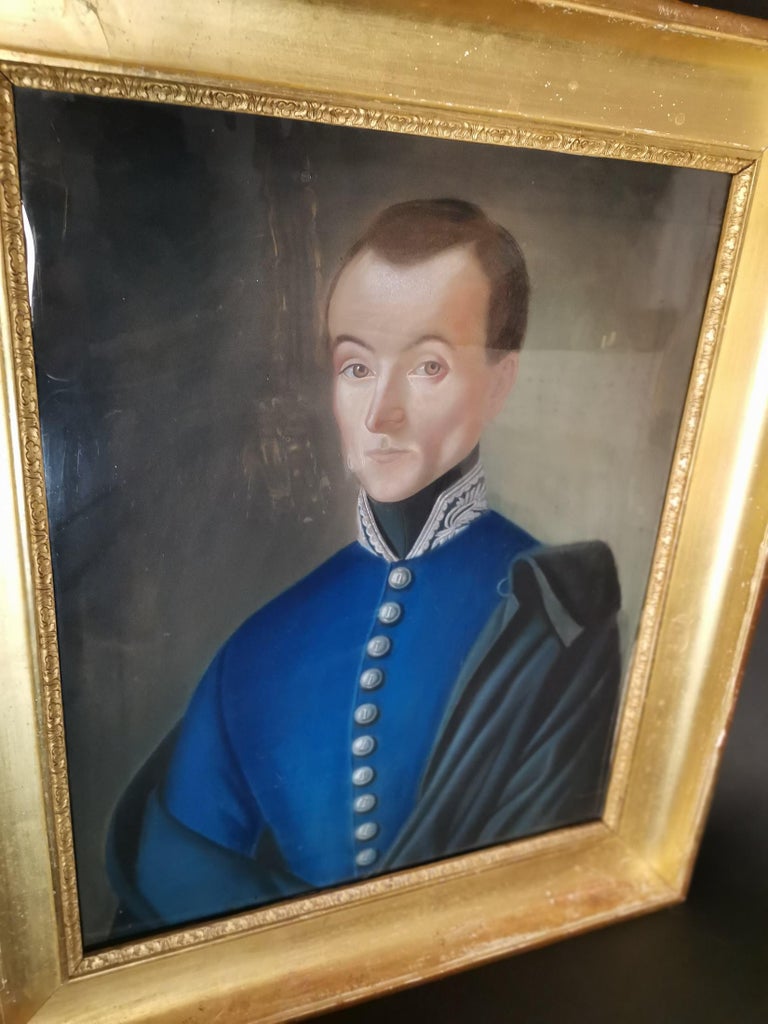 Baroque Elegant 19th Century Pastel Portrait of French Officer with Gold Wooden  For Sale