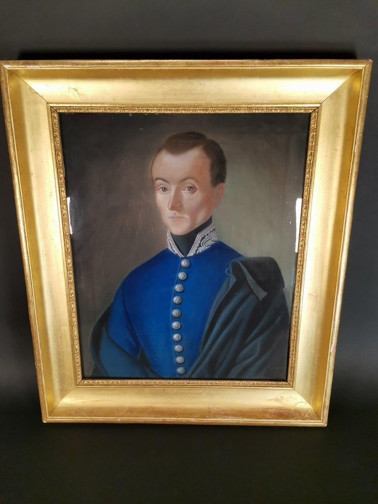 Oiled Elegant 19th Century Pastel Portrait of French Officer with Gold Wooden  For Sale