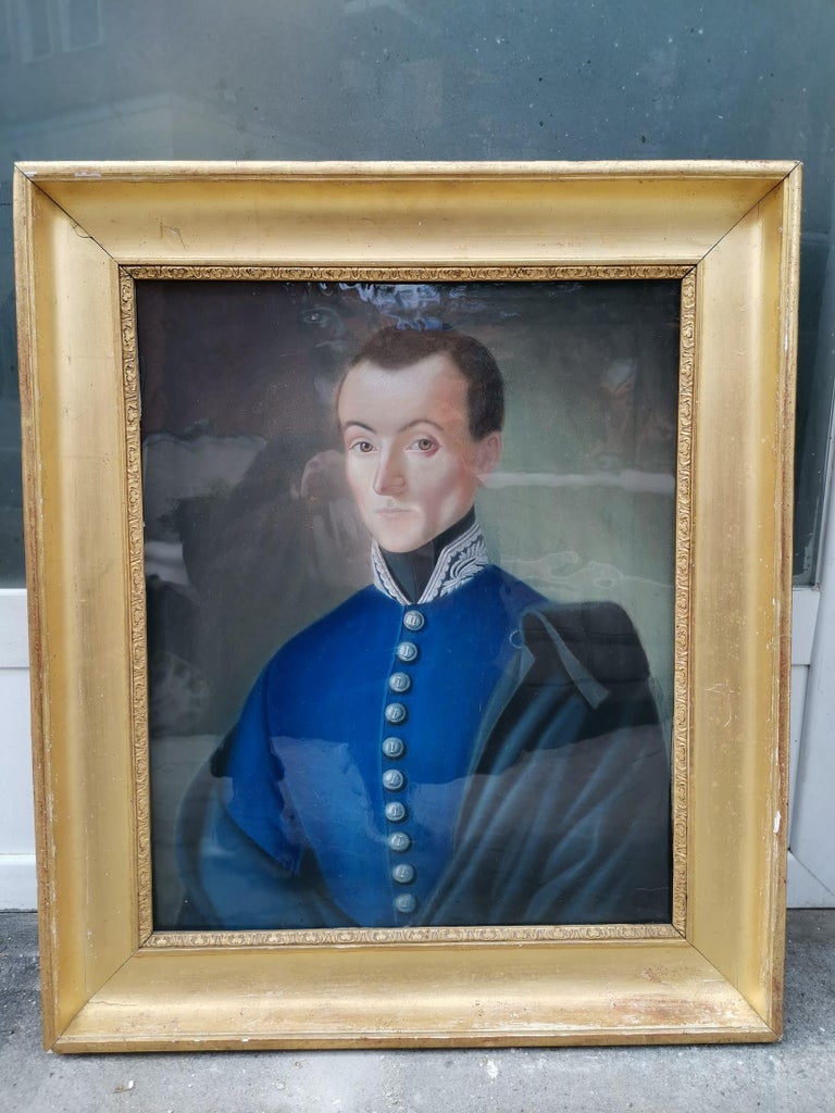 Paint Elegant 19th Century Pastel Portrait of French Officer with Gold Wooden  For Sale