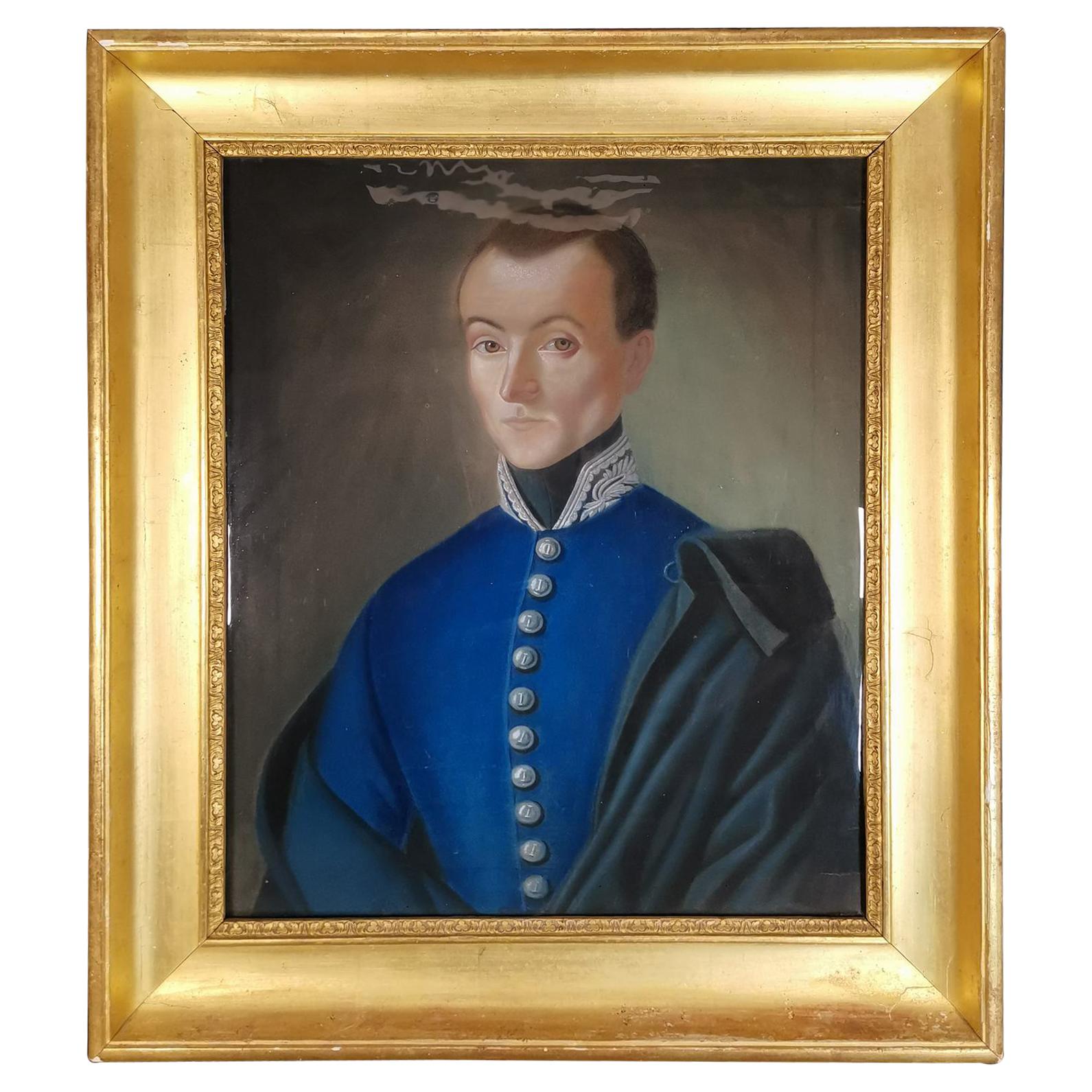 Elegant 19th Century Pastel Portrait of French Officer with Gold Wooden 