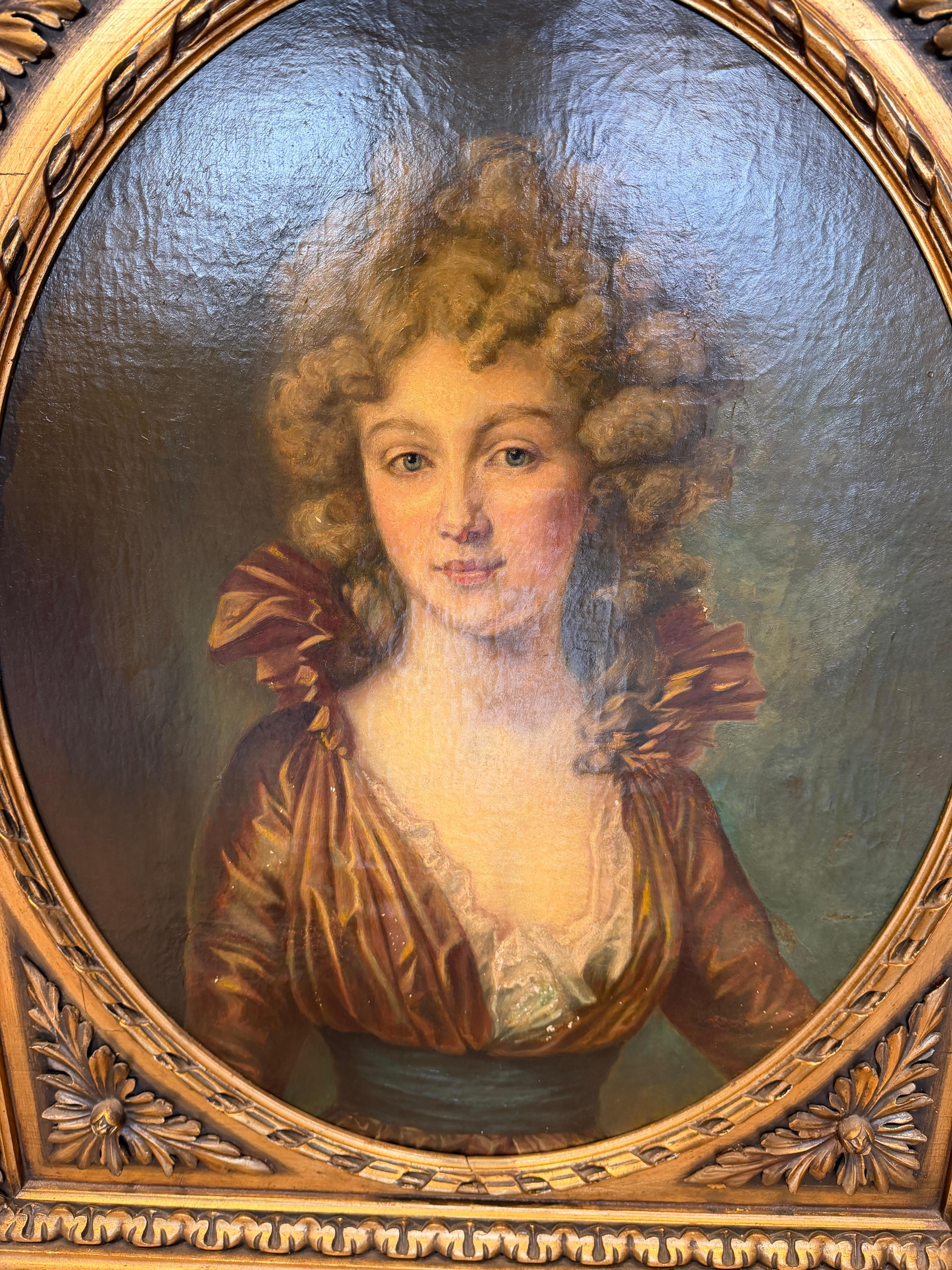 Elegant 19th-Century Portrait of an Aristocratic Lady Magnificent Carved gilt (Barock) im Angebot