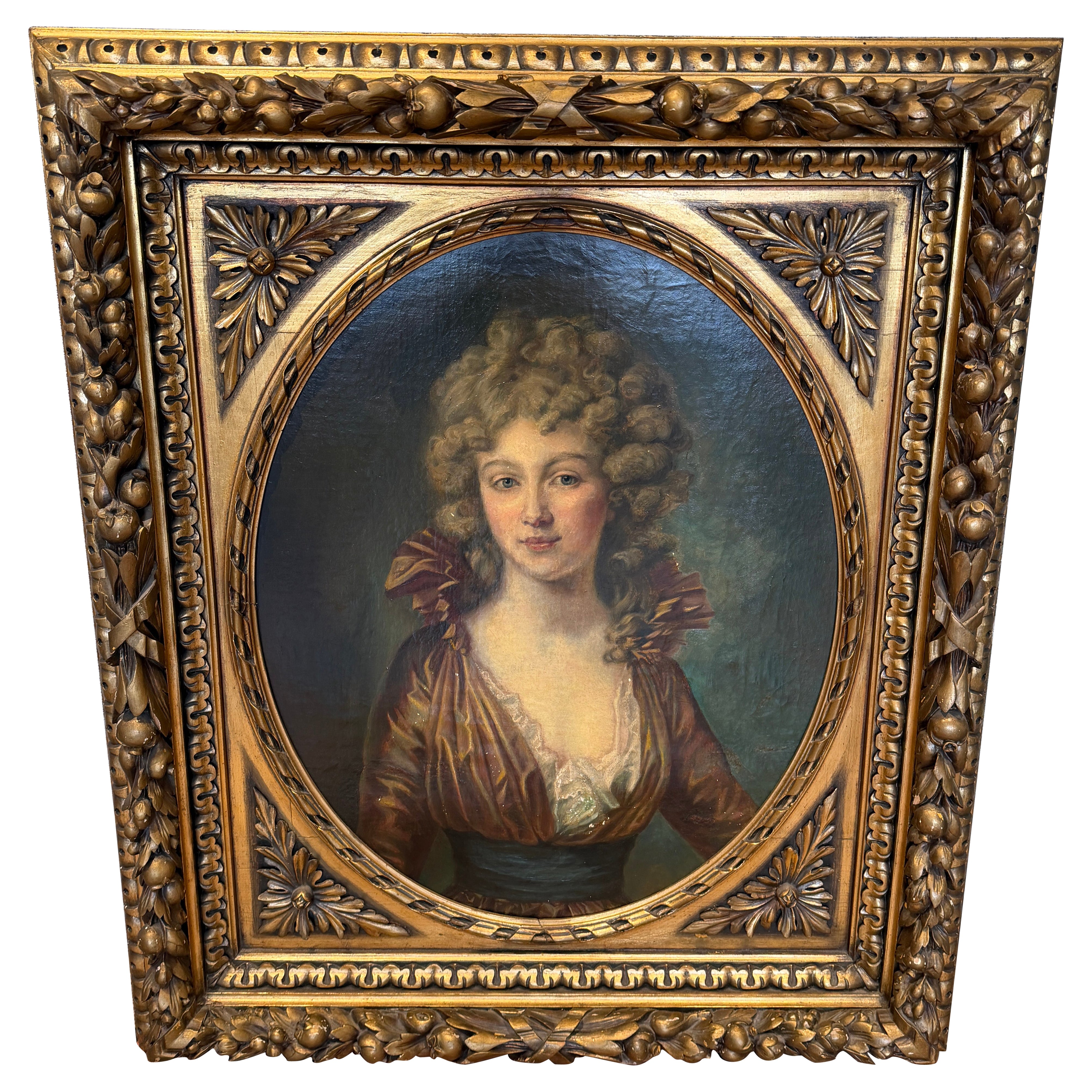 Elegant 19th-Century Portrait of an Aristocratic Lady Magnificent Carved gilt