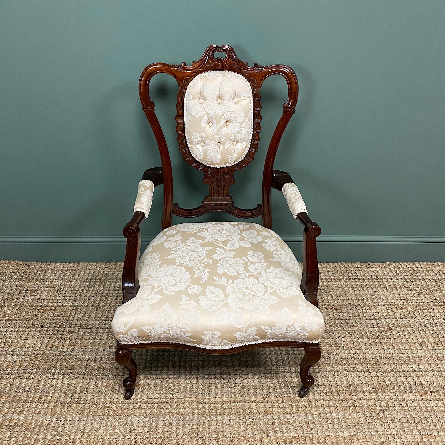 Elegant 19th Century Victorian Upholstered Antique Arm Chair For Sale 3