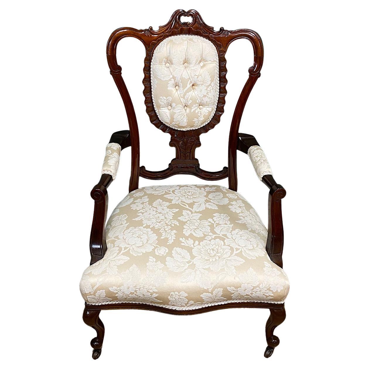Elegant 19th Century Victorian Upholstered Antique Arm Chair For Sale