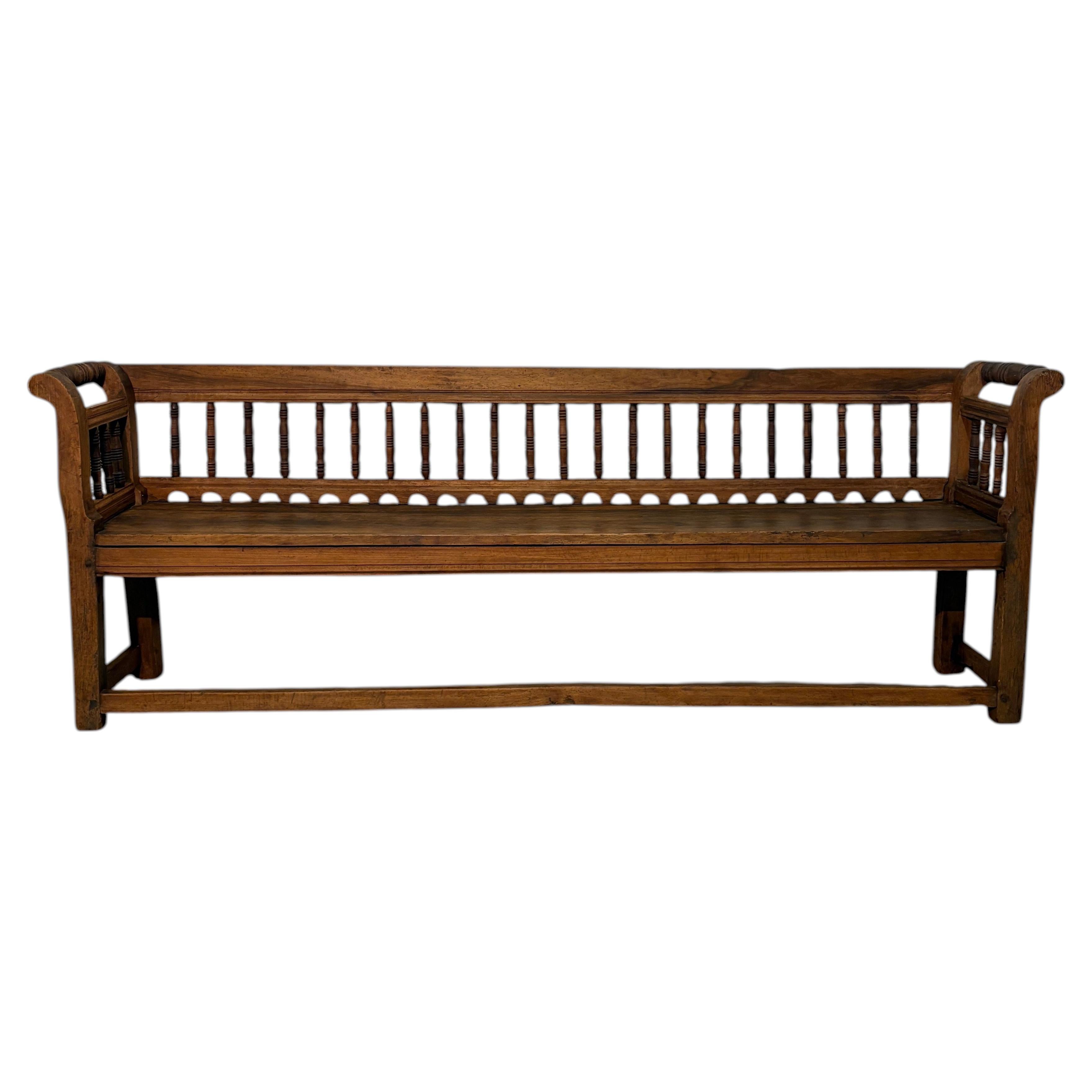 Elegant 19th-Century Walnut Bench with Finely Carved Backrest and Armrests