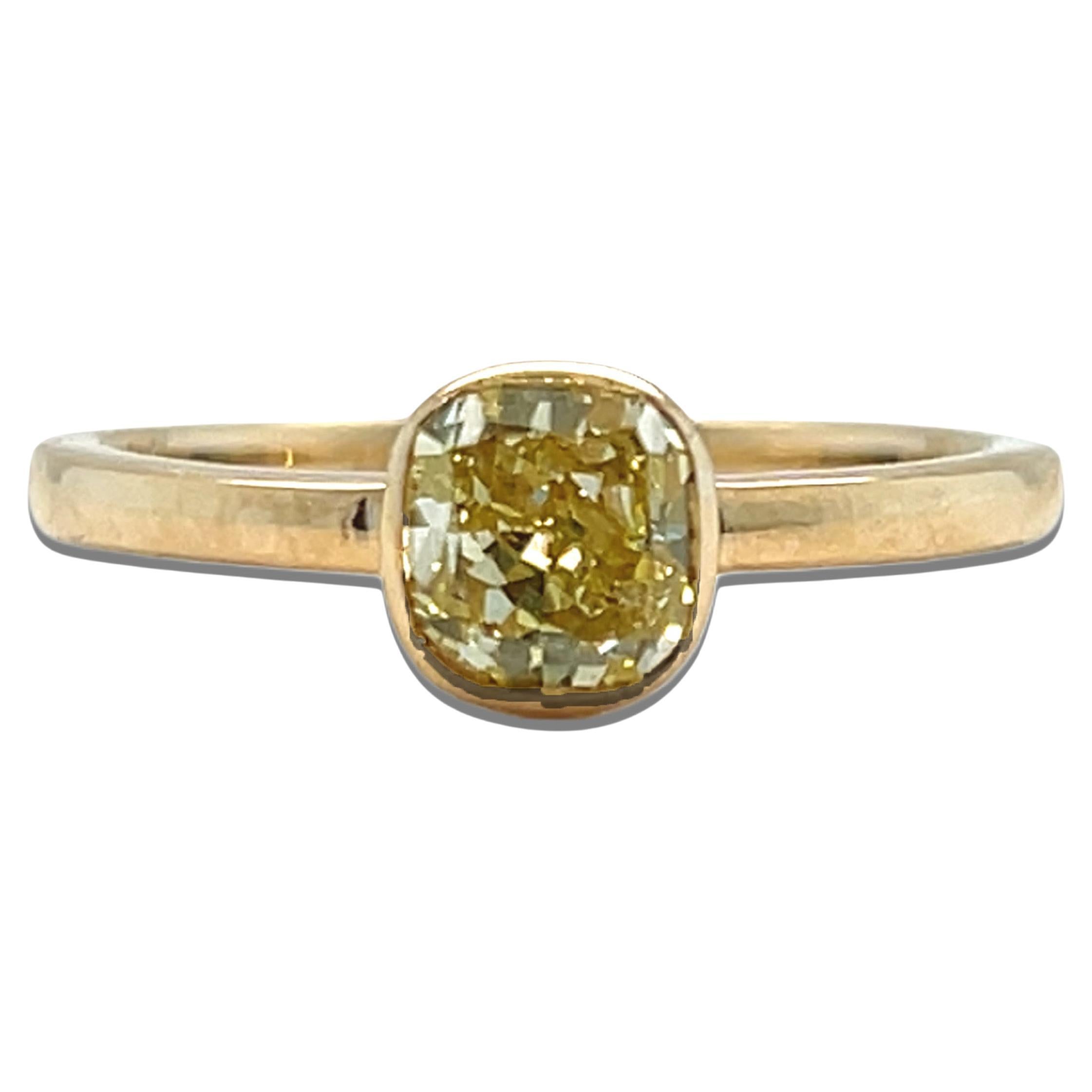 Contemporary Elegant 1ct Yellow Cushion Cut Diamond Solitaire Ring, Natural Earth Mined, 18k For Sale