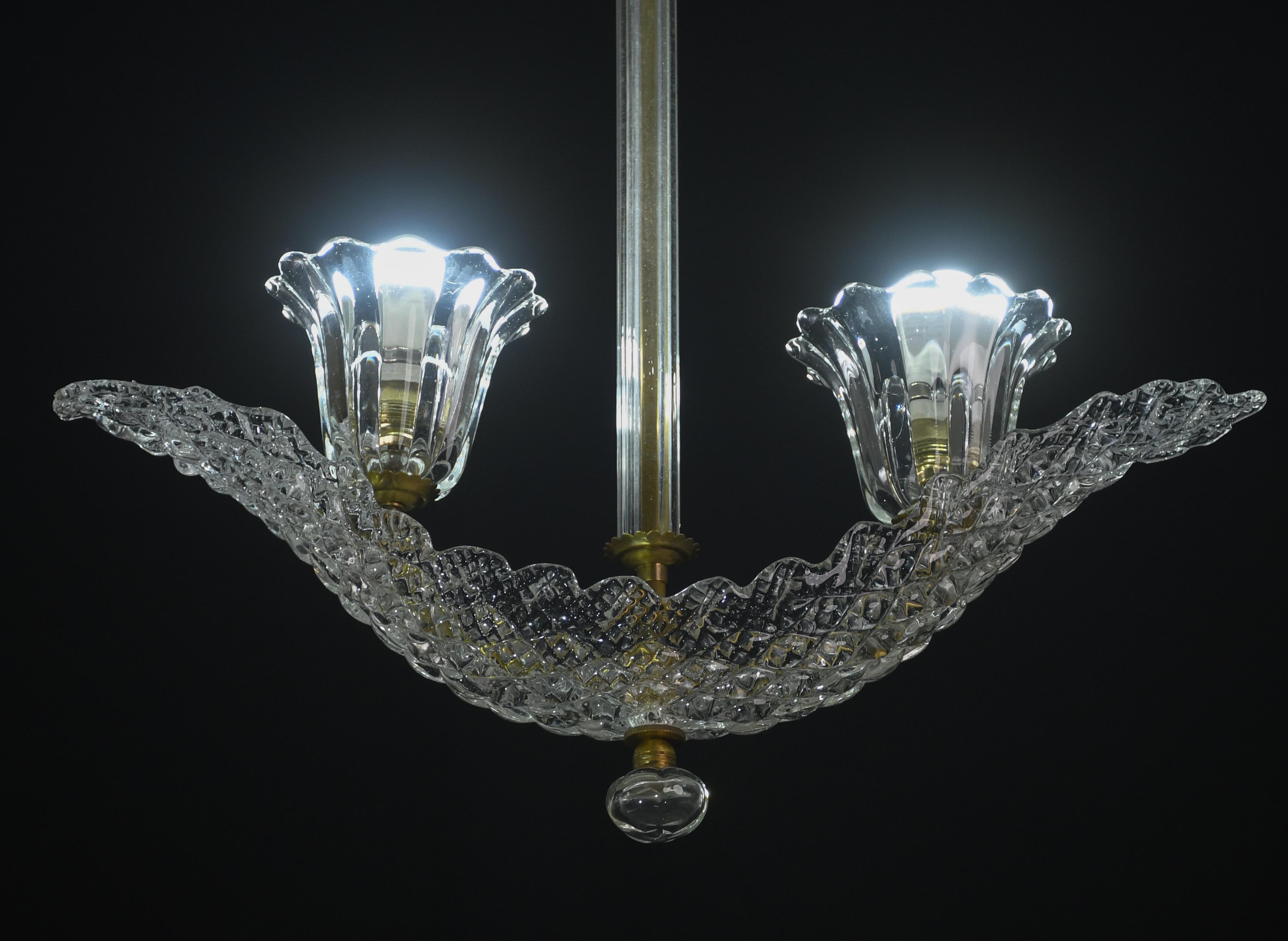 Eleganter 2 Tassen Barovier Art Deco Kronleuchter, Murano Glas, Messing Struktur 1940s im Angebot 5