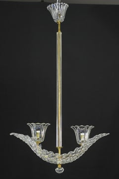 Elegant 2 Cup Barovier Art Deco Chandelier, Murano Glass, Brass Structure 1940s