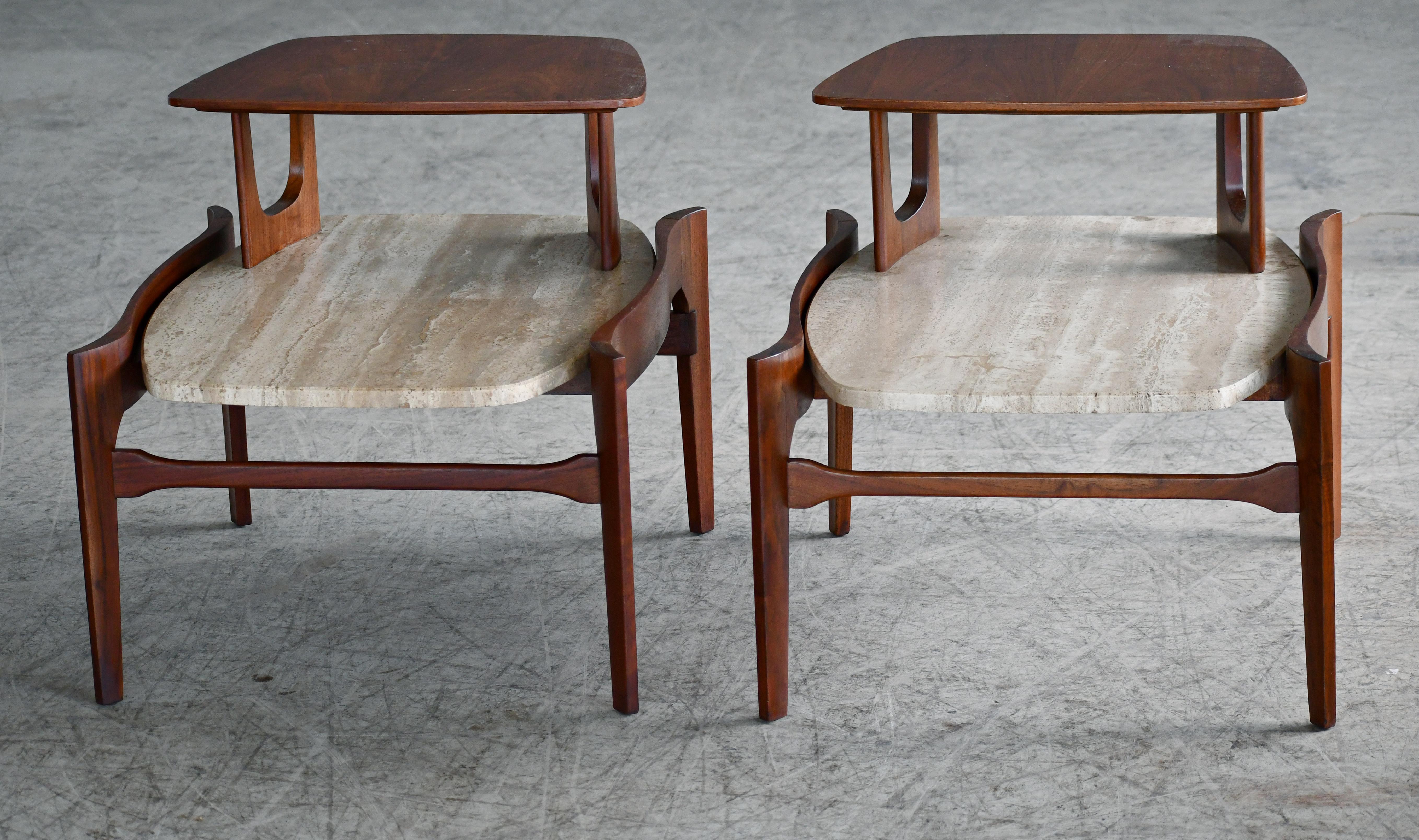 American Elegant 2-Tier Side Table Wit Italian Travertine by M. Singer & Sons, 1950s For Sale