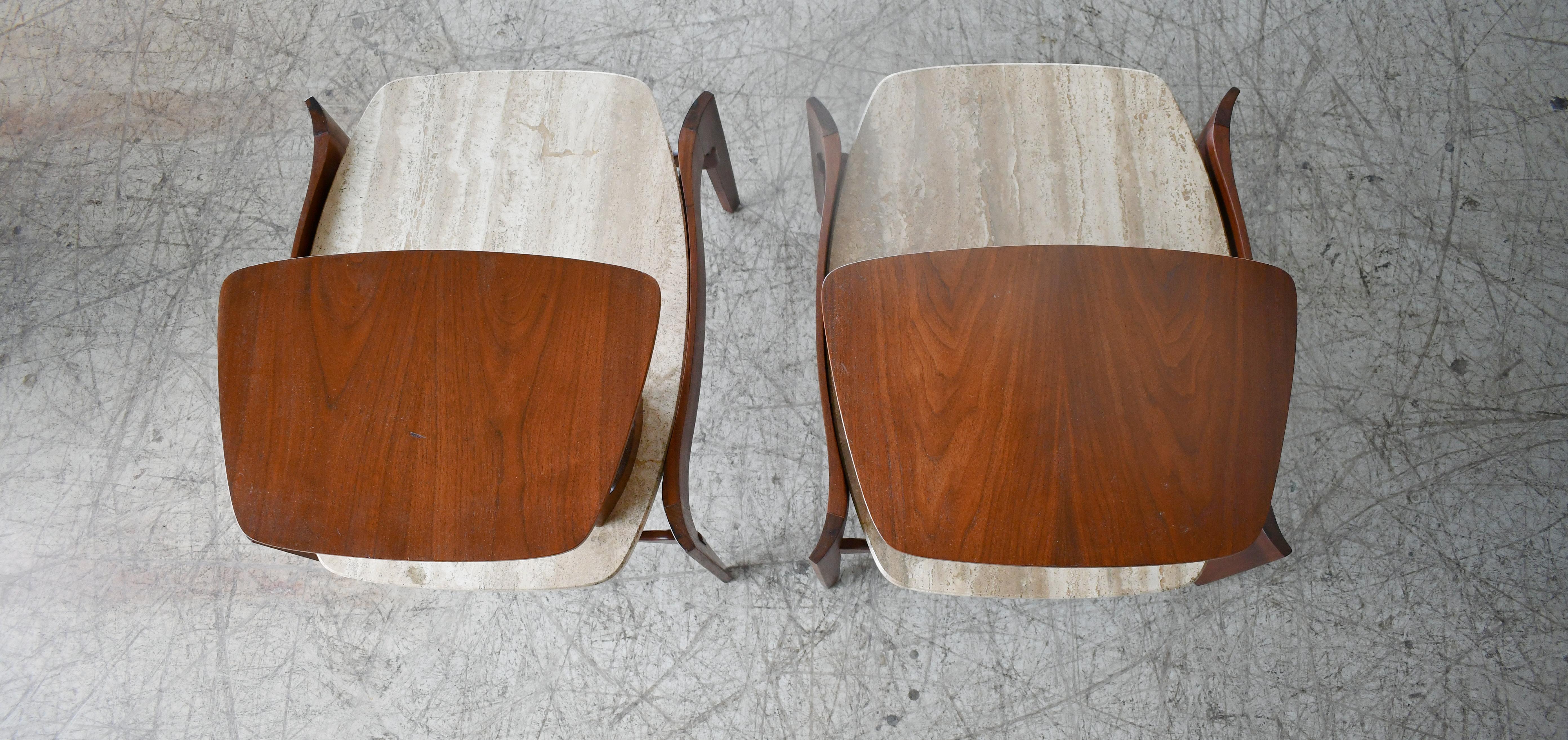 Elegant 2-Tier Side Table Wit Italian Travertine by M. Singer & Sons, 1950s In Good Condition For Sale In Bridgeport, CT